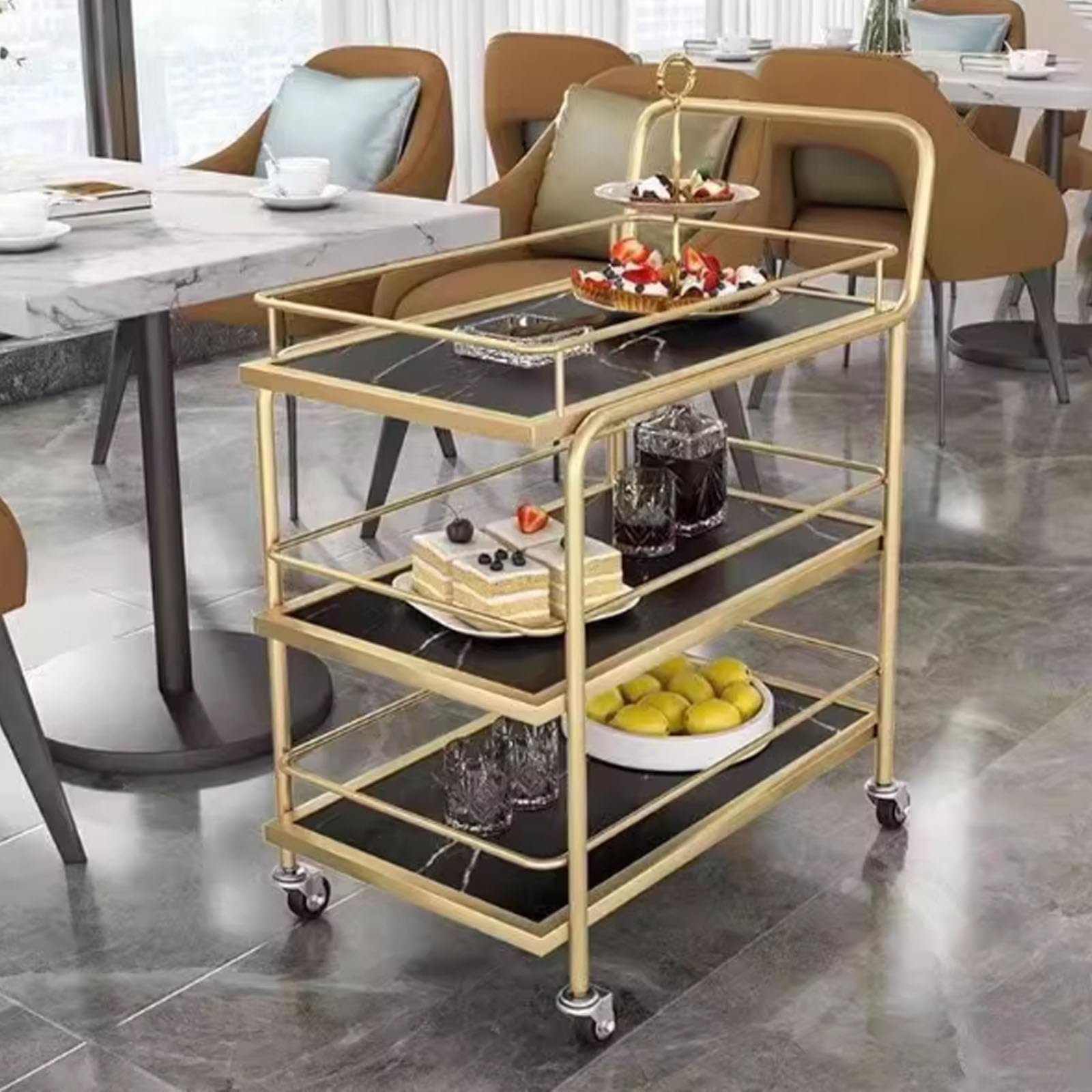 Carrito de Servicio de Alimentos de Tres Niveles de Acero Inoxidable de Alta Resistencia con Ruedas, Carrito portátil de Empuje Manual para Catering de Aperitivos para hoteles, KTV, restaura