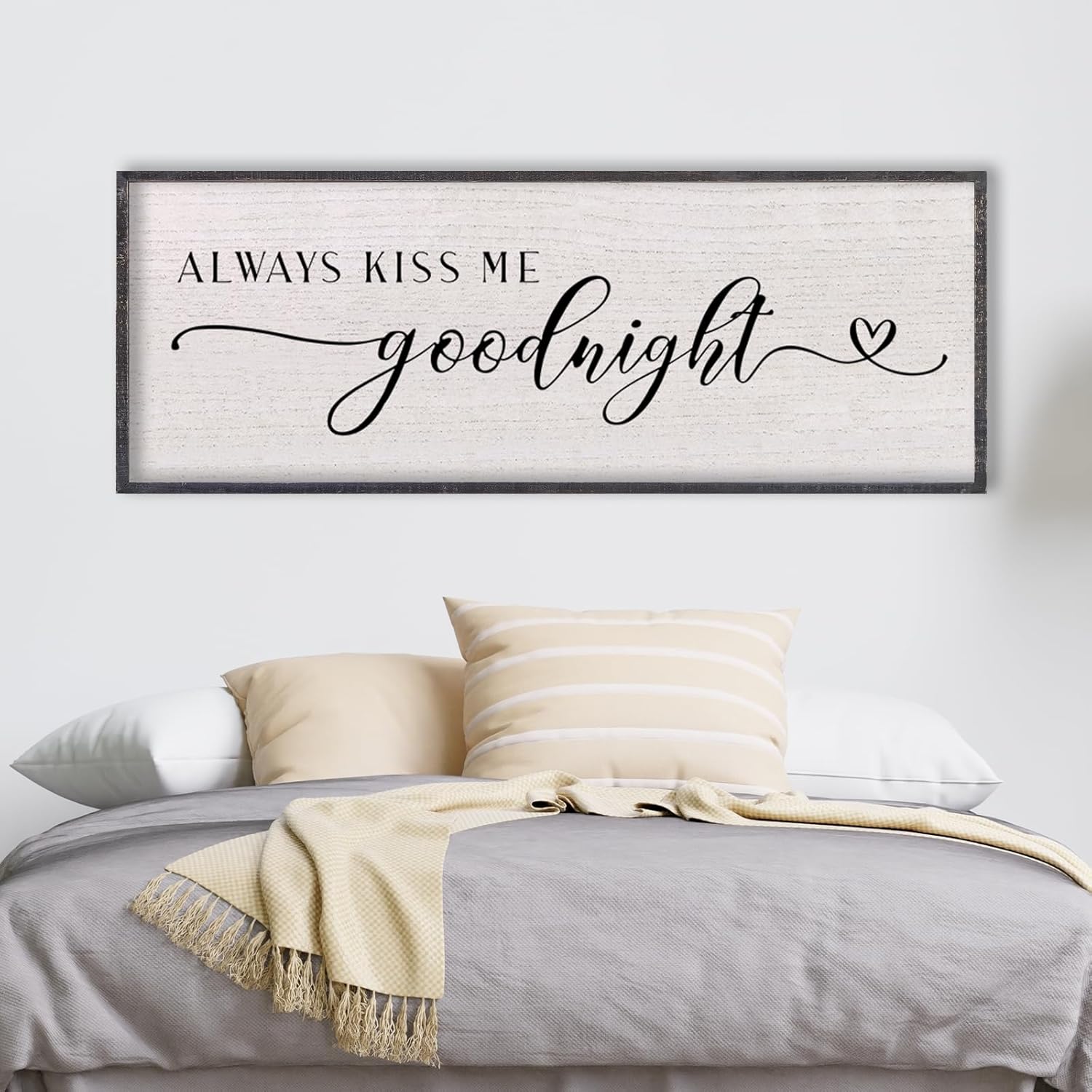LuZhiQiang Above Bed Love Theme Wall Decor Always Kiss Me Goodnight Sign 40"×15" Wood Framed for Master Bedroom Over Bed Wall Art (Black) 40L" x 15W" Above Bed Love Theme ?Black)