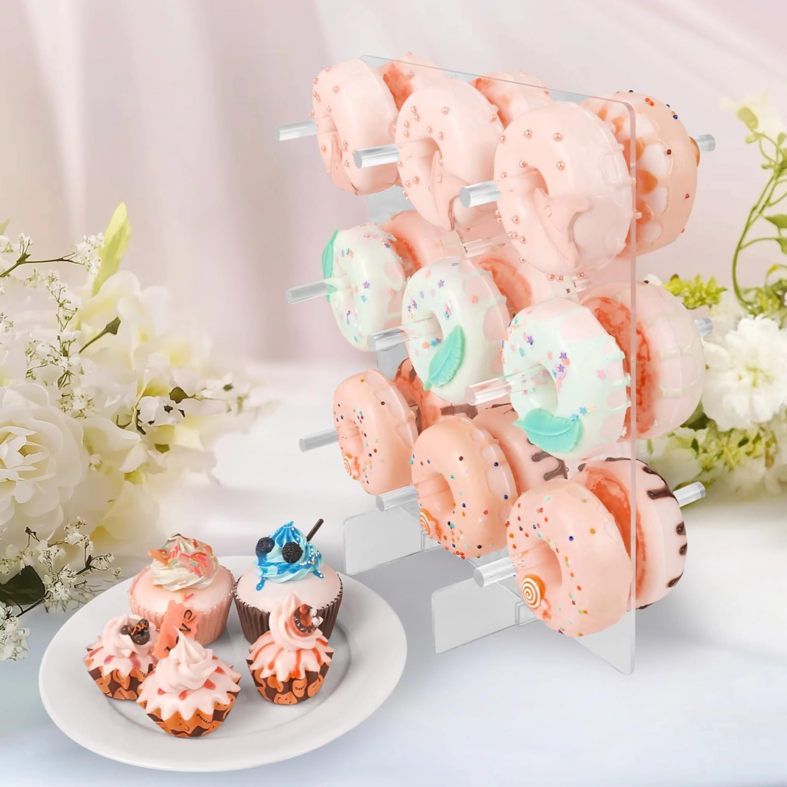 Stojak ścienny w kształcie pączka, przezroczysty akrylowy uchwyt na desery z 10 prętami, przezroczysty stojak na ciasta na urodziny, baby shower, dekoracja na przyjęcie weselne, wolnostojąca lub