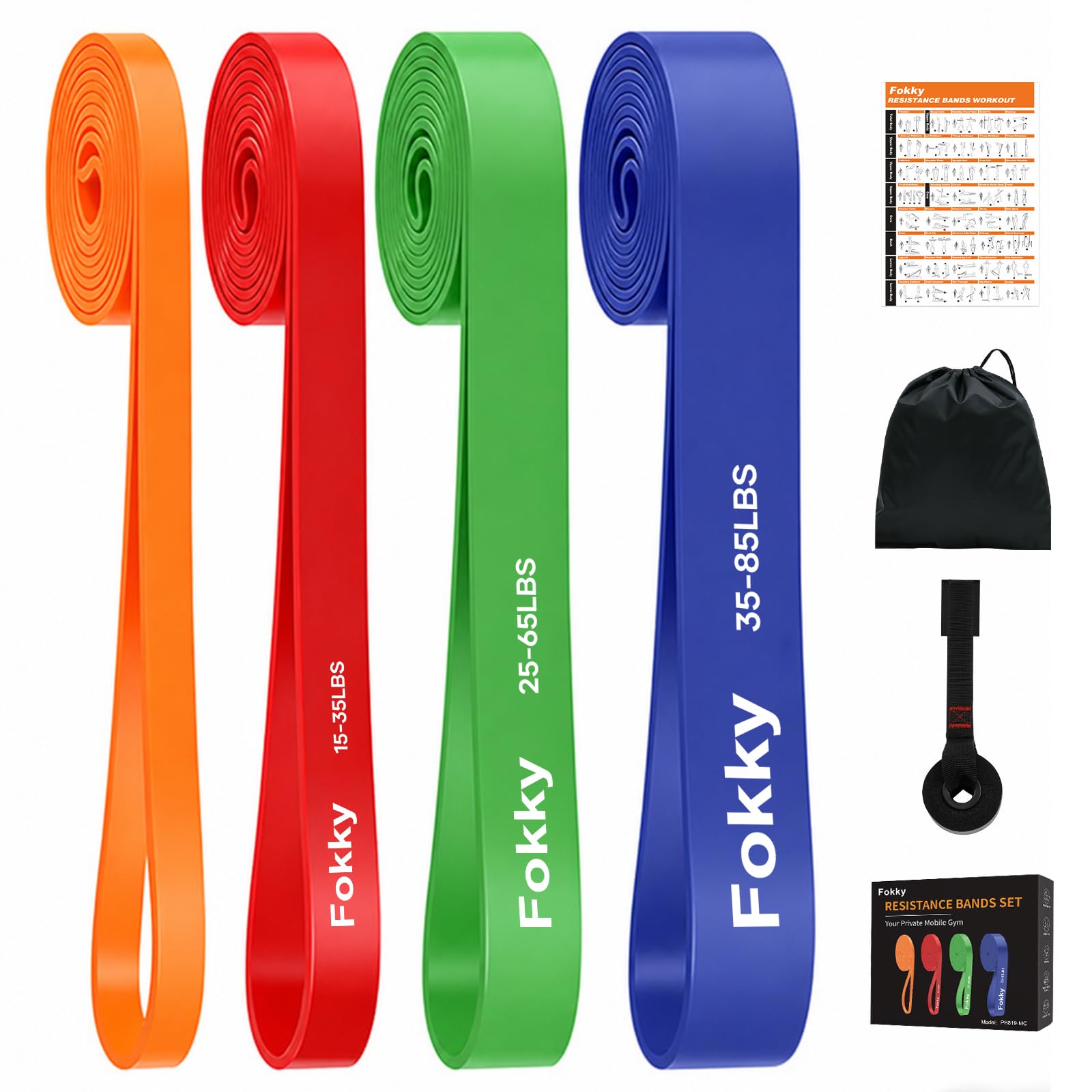 Fokky Fitnessbänder Resistance Bands Set, 4 Stufen Widerstandsbänder mit Türanker/Übungsposter/Tragetasche, Fitnessband Klimmzug Bänder für Krafttraining, Muskelaufbau, Heimtraining, Klimmzughilfe