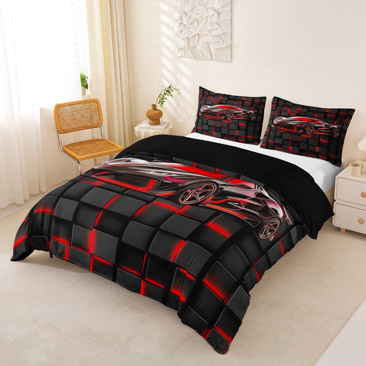 jejeloiu Race Car Duvet Cover Full Size Speed Sports Car Comforter Cover for Boys Girls Extreme Sports Bedding Set 3Pcs Red Honeycomb Room Decor No Comforter Breathable Soft Lightweight Microfiber image 2