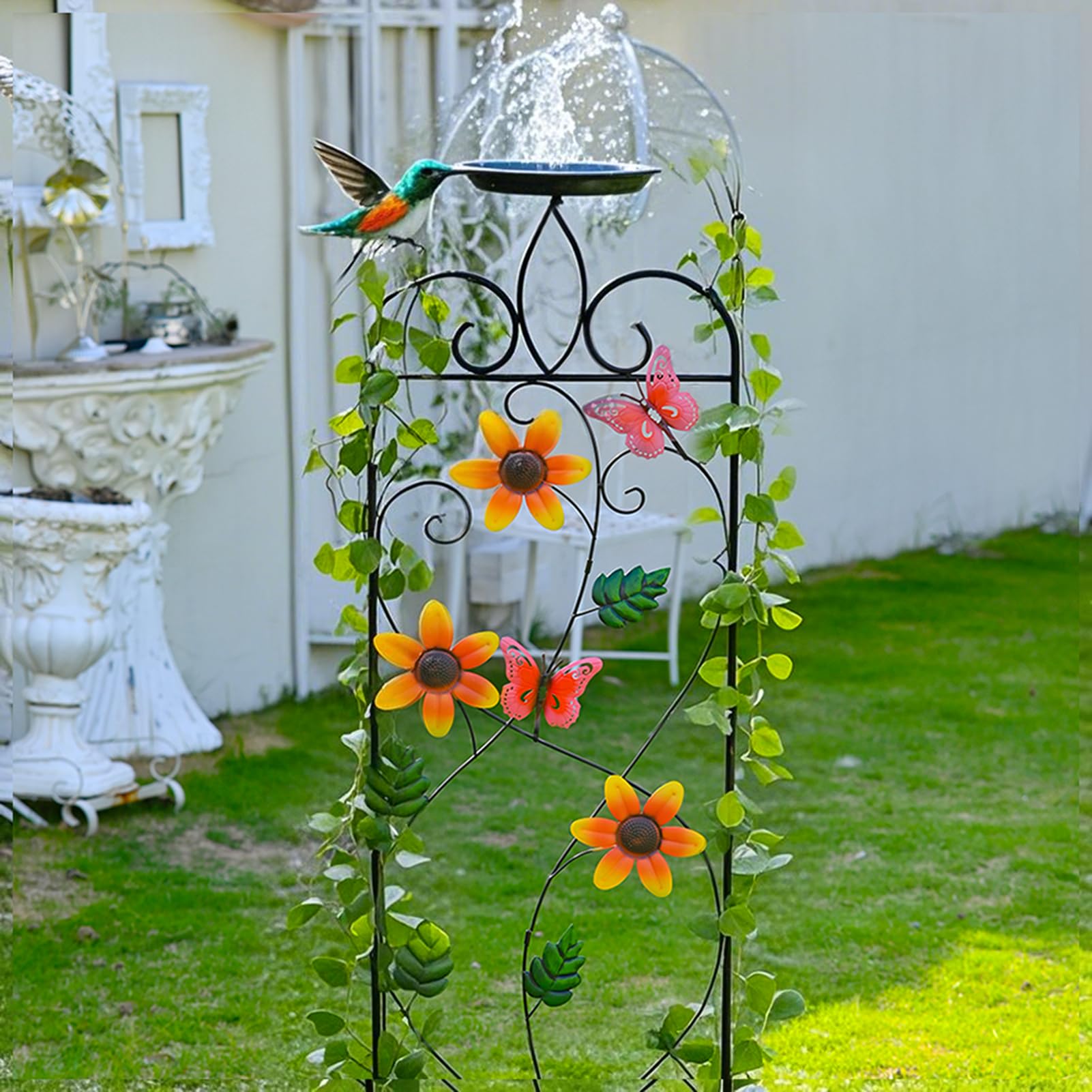 Enrejado para Plantas Estético Metálico con Bebedero para Aves | Estacas Trepadoras Exteriores para Jardín Para flores rosas verduras trepadoras camas elevadas patio jardín césped