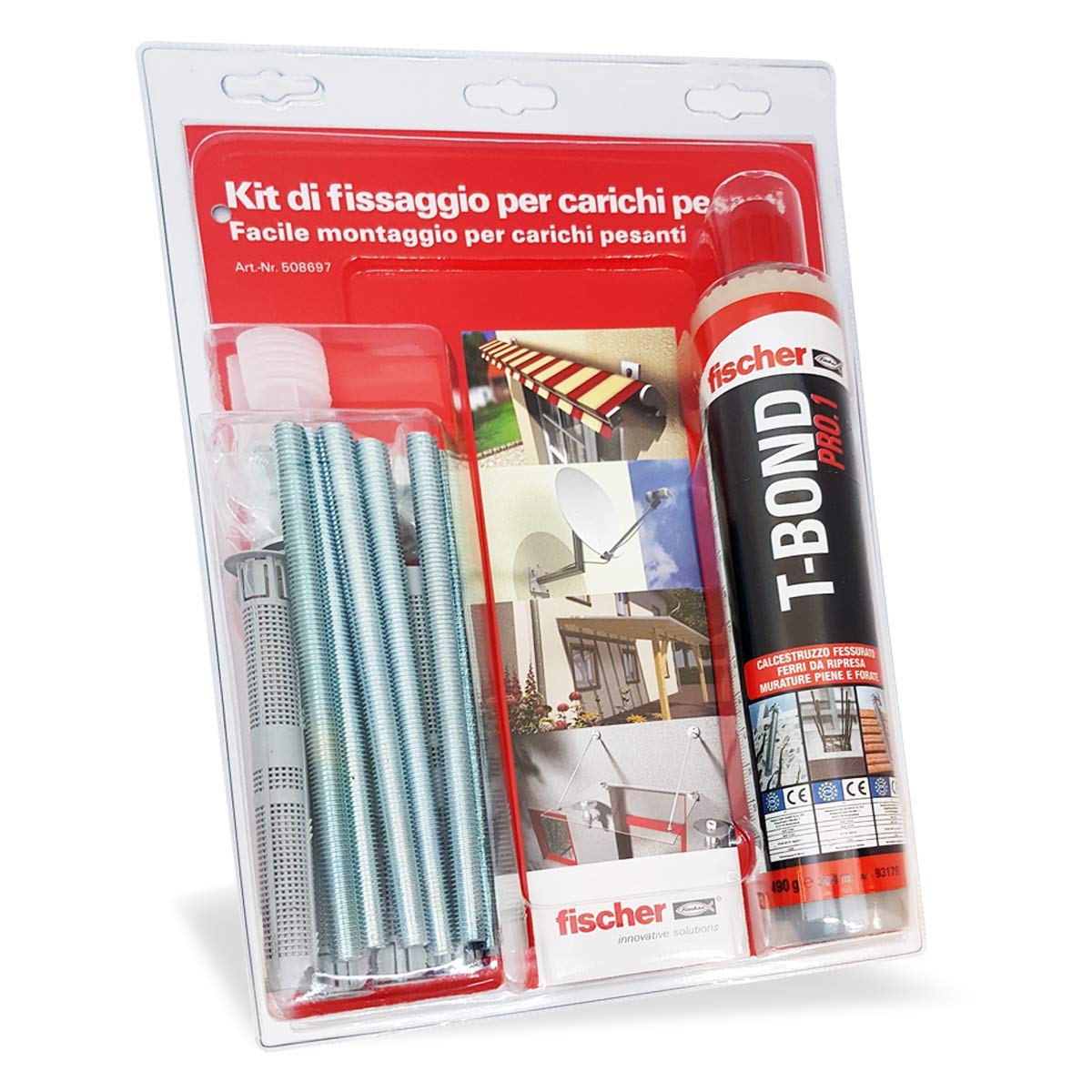 Fischer 508697 Kit di Fissaggio carichi Pesanti T-Bond Ancorante Chimico con Barre Filettate e Tasselli a Rete, Resina & 25 Tasselli Duopower con Vite, 8 x 40 mm, per Muro pieno, Mattone Forato