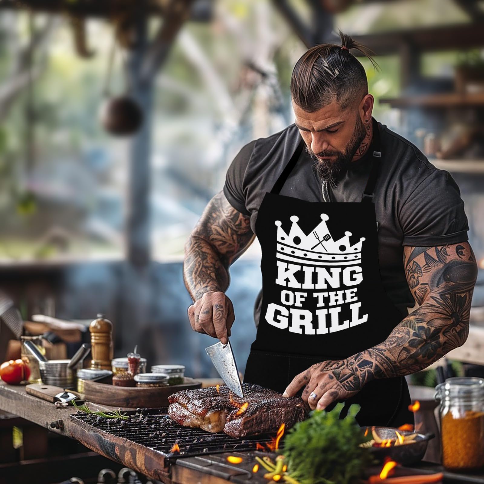 LINEN CLOSET® King of the Grill Apron for Men Funny Aprons Professional Bbq Aprons Kitchen Cooking Gift Apron with 2 Front Pockets-King of the Grill - Image 3