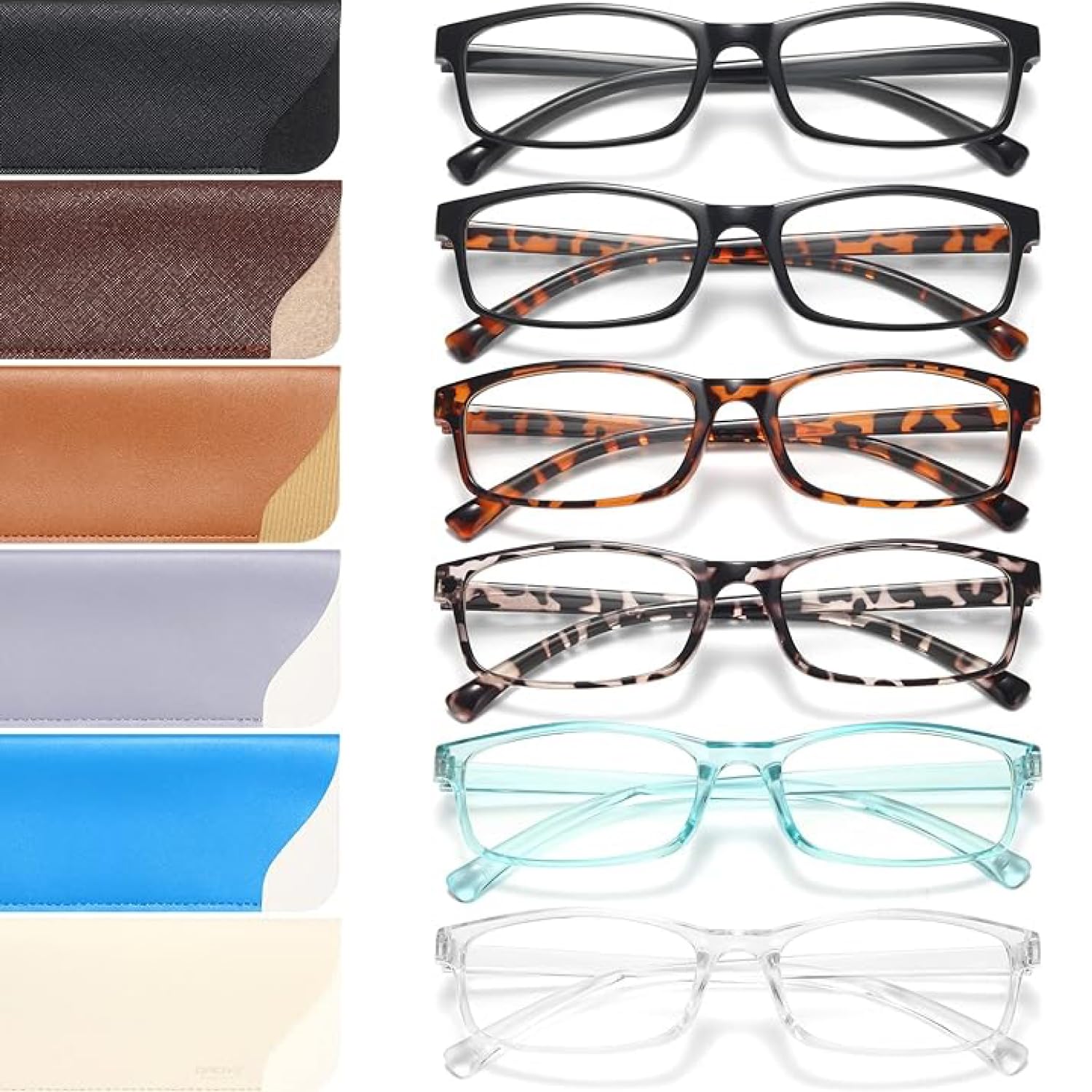 Gaoye Blue Light Blocking Reading Glasses for Men and Women, Magnifying Readers, UV Protection Lenses with 6 Leather Sleeves, 6 Colors x 1, Medium
