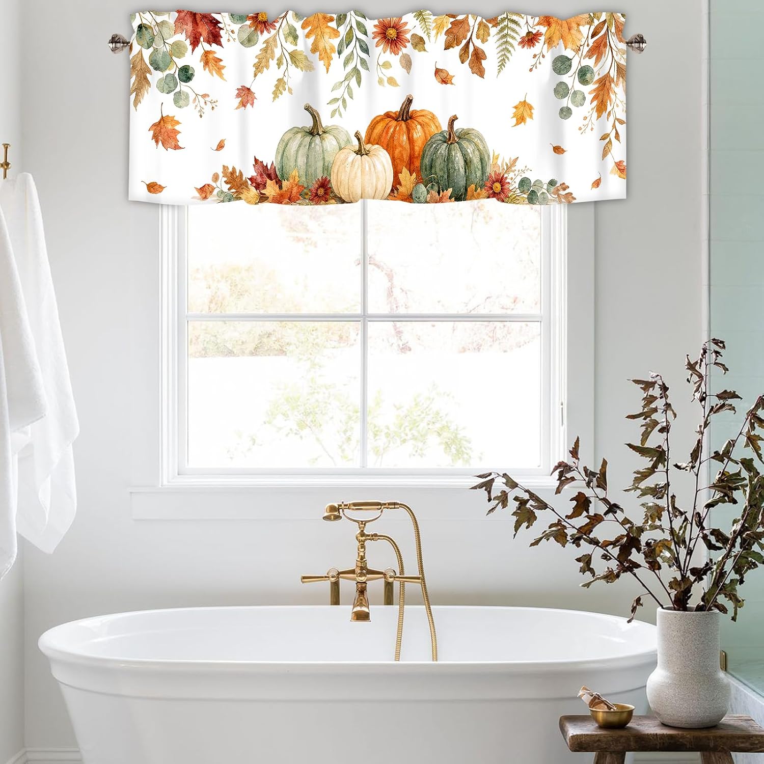 Fall Maple Leaves Pumpkin Window Valance 1 Panel, 42x12 in