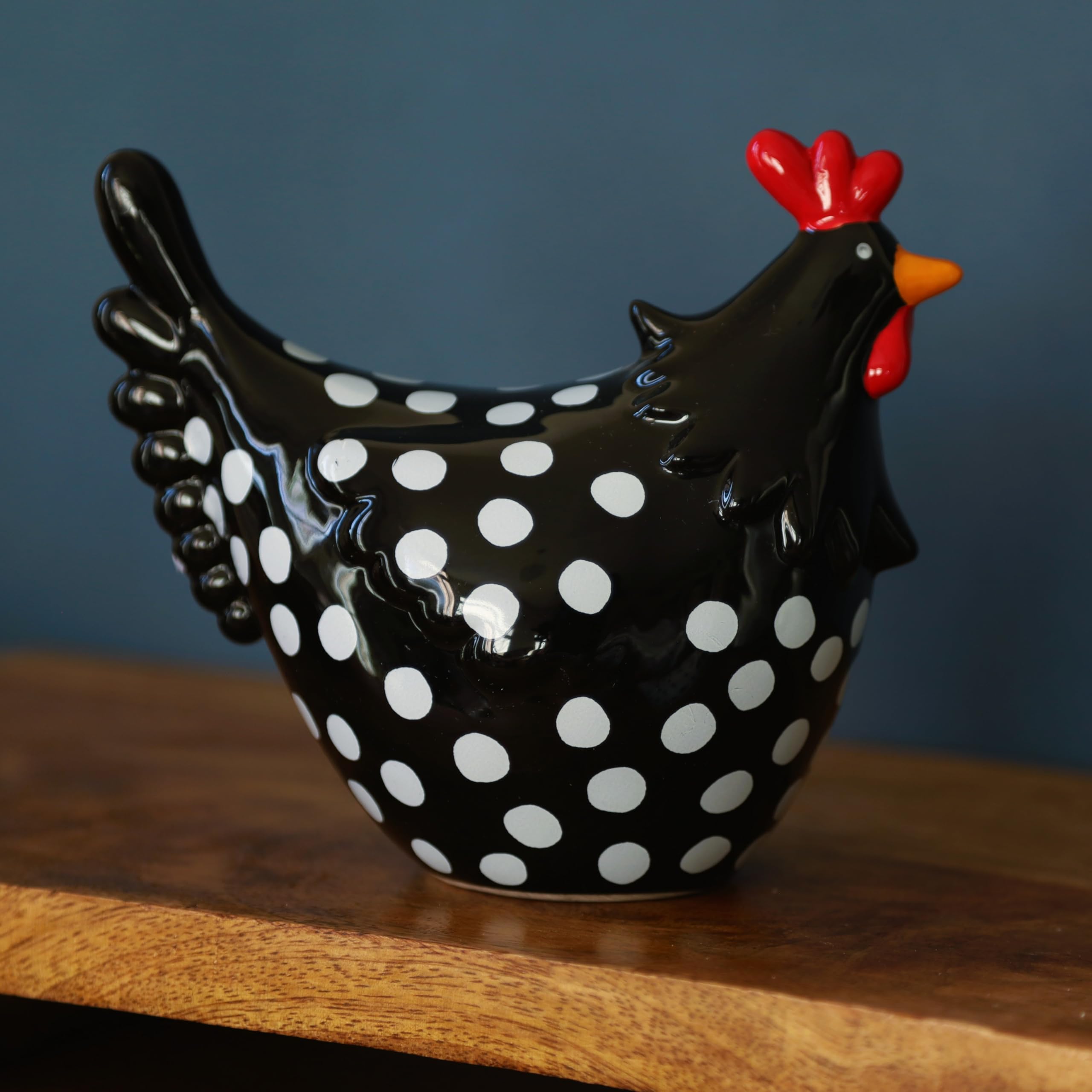 Fyne-Finds Black Ceramic Speckled Chicken Polka Dot Hen Shelf Sitter Ornament Decorative Home Figurine (Large )