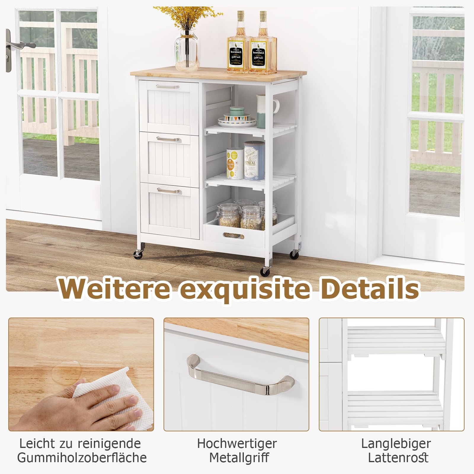 GIANTEX Küchenwagen auf Rollen, Küchenschrank mit Arbeitsplatte, bewegliche Kücheninsel Holz, Servierwagen Rollwagen Holz, Küchenrollwagen mit Schublade, Küchentrolley 67x37x83,5 cm (Weiß)