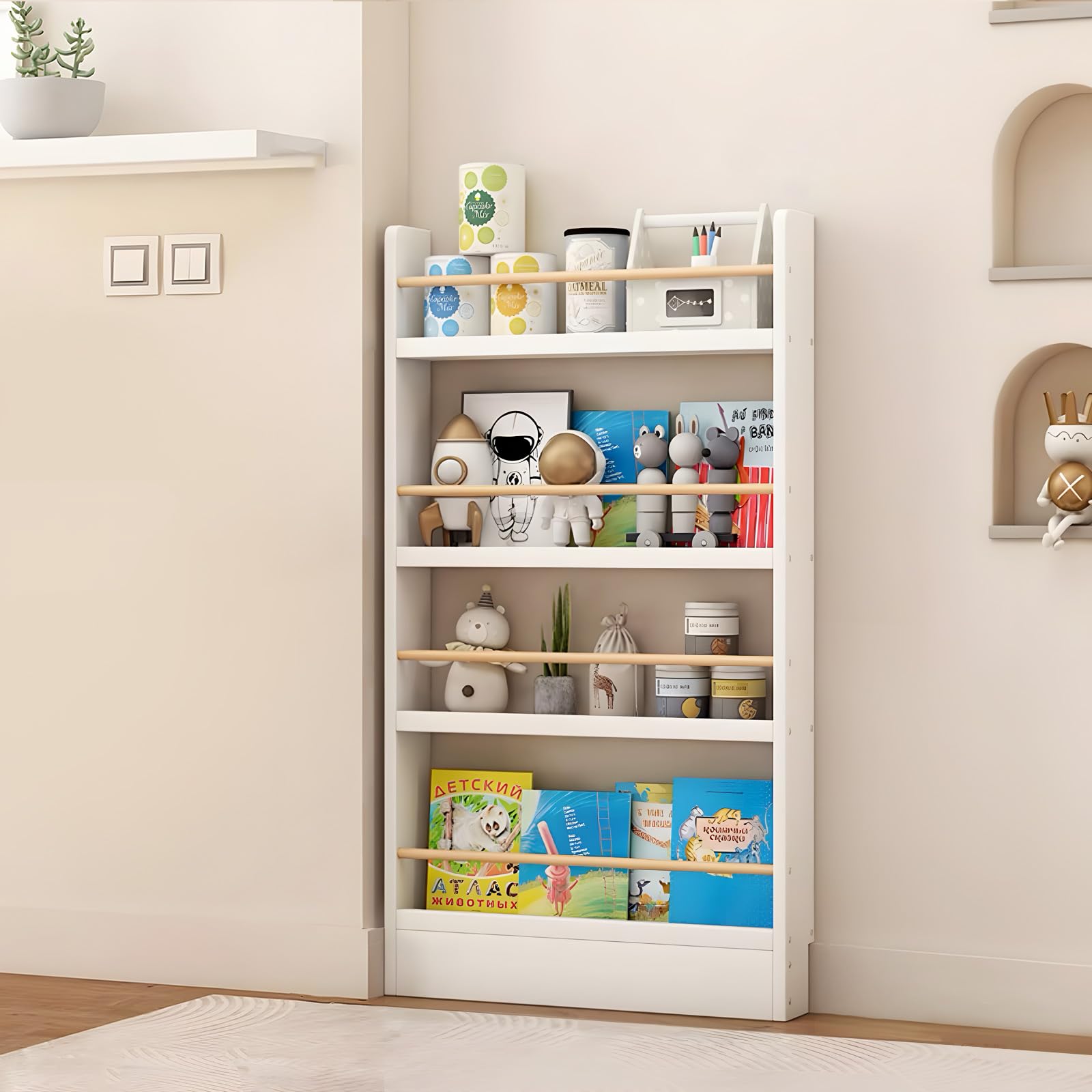 JFOZDM Kids Bookshelf, Book Shelf for Kids Room, 3/4/5/6 Tier Wall Mounted Bookshelf, Space-saving/Anti-dumping, Toy/CD/Book Organizer, Kids Bookcase for Child's Room/Home/Living Room