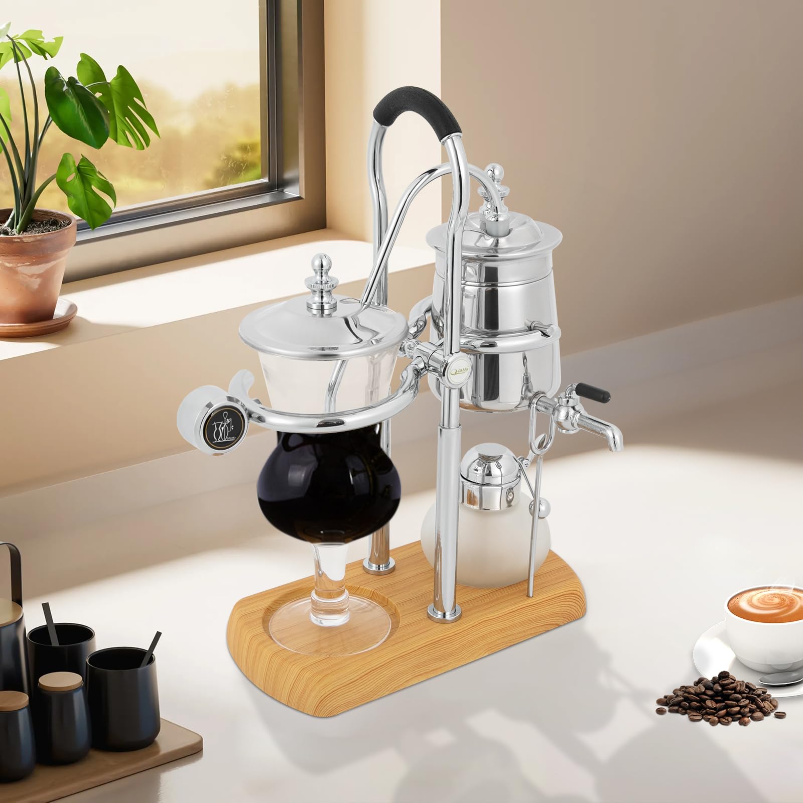 Siphon Kaffeemaschine, Siphon Balance Kaffeemaschine Set, belgische Kaffeekanne, Extraktionswerkzeuge für handgebrühten Kaffee, mit Kaffeelöffel und Messbecher, Silber