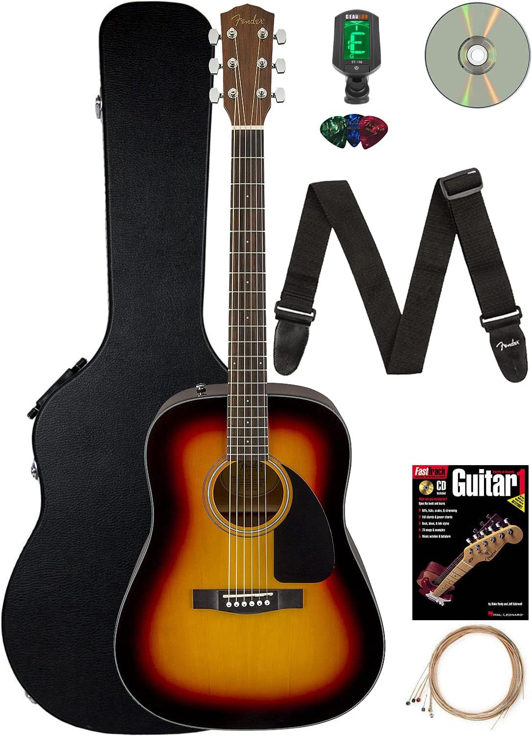 Fender CD-60 Dreadnought Acoustic Guitar - Sunburst Bundle with Hard Case, Strap, Tuner, Strings, Picks, Instructional Book, and Austin Bazaar Instructional DVD