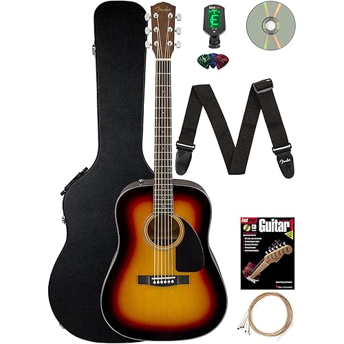 Fender CD-60 Dreadnought Acoustic Guitar - Sunburst Bundle with Hard Case, Strap, Tuner, Strings, Picks, Instructional Book, and Austin Bazaar Instructional DVD