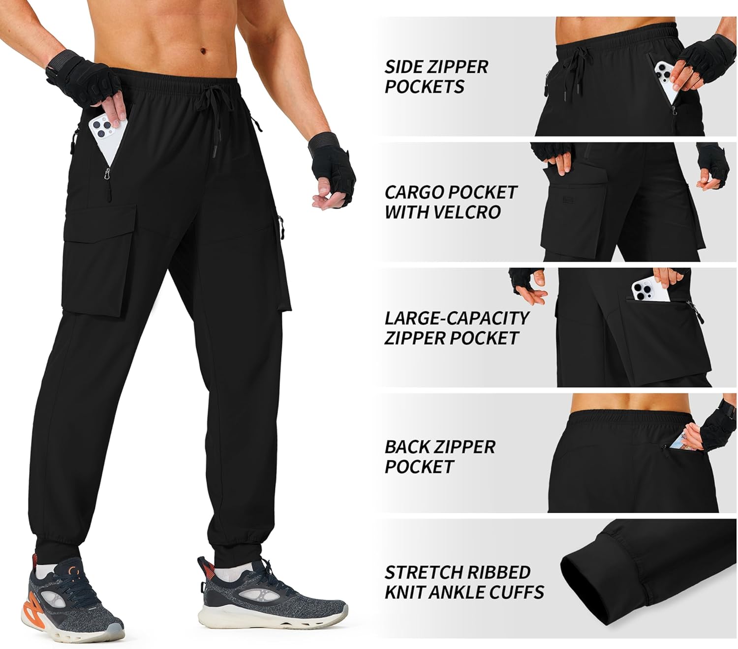 Men's Hiking Pants Cargo Lightweight Quick Dry Elastic Waist Golf Joggers with Zipper Pockets Water Resistant - Image 5