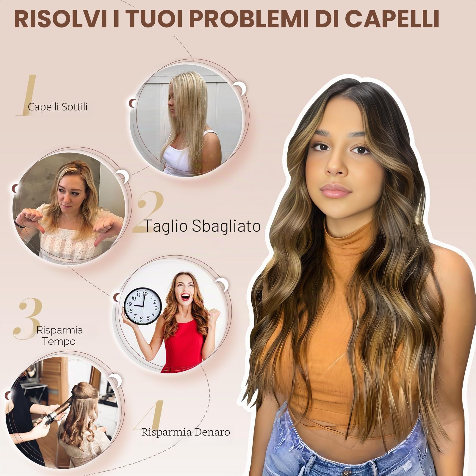 FESHFEN Extension Capelli a Clip - 4PCS Marrone Scuro Lunga Clip in Capelli Estensioni Clip Ondulati Sintetici Posticci Capelli per Donna 50 cm