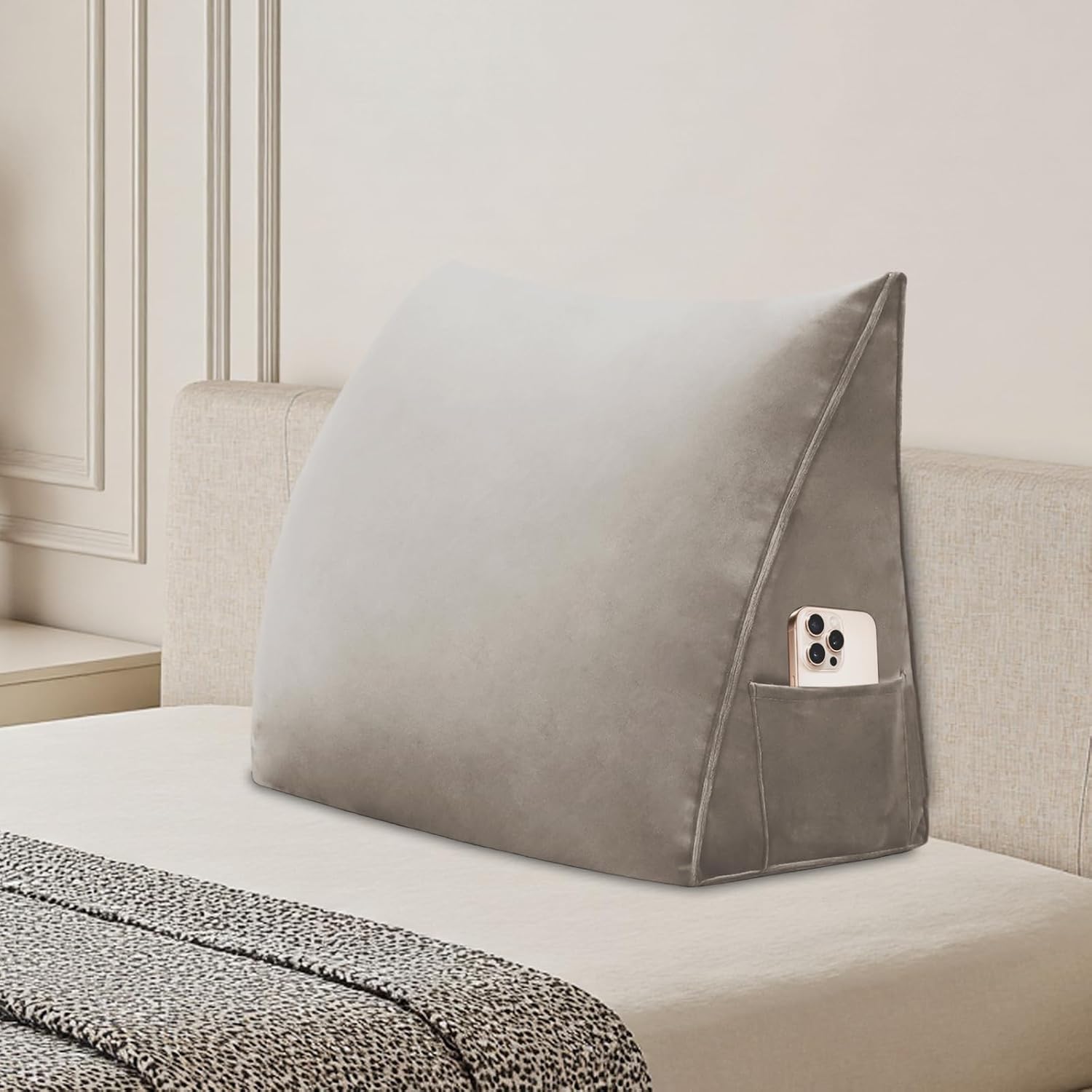 Wedge Headboard Pillow, Headboard Wedge Pillow for Bed Wedge Pillow, Reading Pillow, Head Board Backrest Soft Triangular Pillow with Removable Cover Side Pockets for Bed Dorm Sofa-Camel
