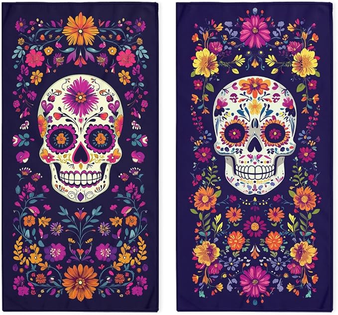 Day of The Dead Hand Towels Set of 2 Sugar Skull Halloween Skeleton Decorative Bath Towel for Kitchen Home Spa Hotel Yoga,Bathroom Decor Accessories 14