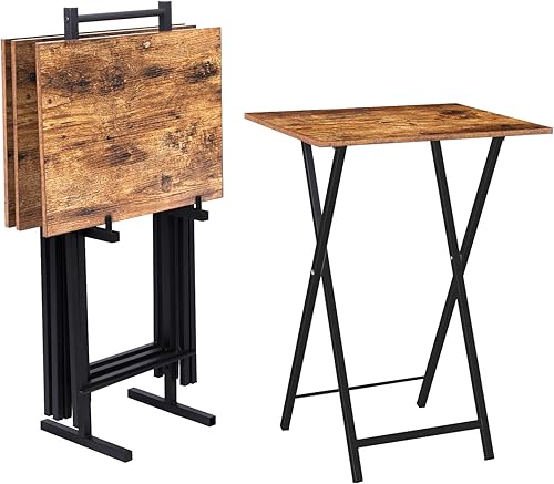 HOOBRO Folding TV Tray Tables, Set of 4 TV Trays with Storage Rack, Industrial Side Table for Eating at Couch, Foldable Snack Table for Small Space,