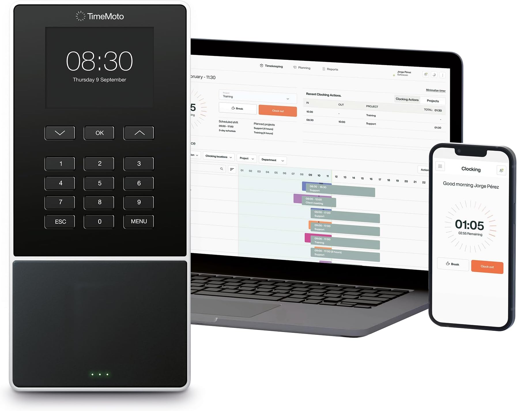 TM—616 Cloud-Based Employee Time Clock with RFID Badge/Keyfob and PIN, For Up to 200 Users, Worked Hours Reporting, Scheduling, Timesheets, Wi-Fi, App for iOS/Android