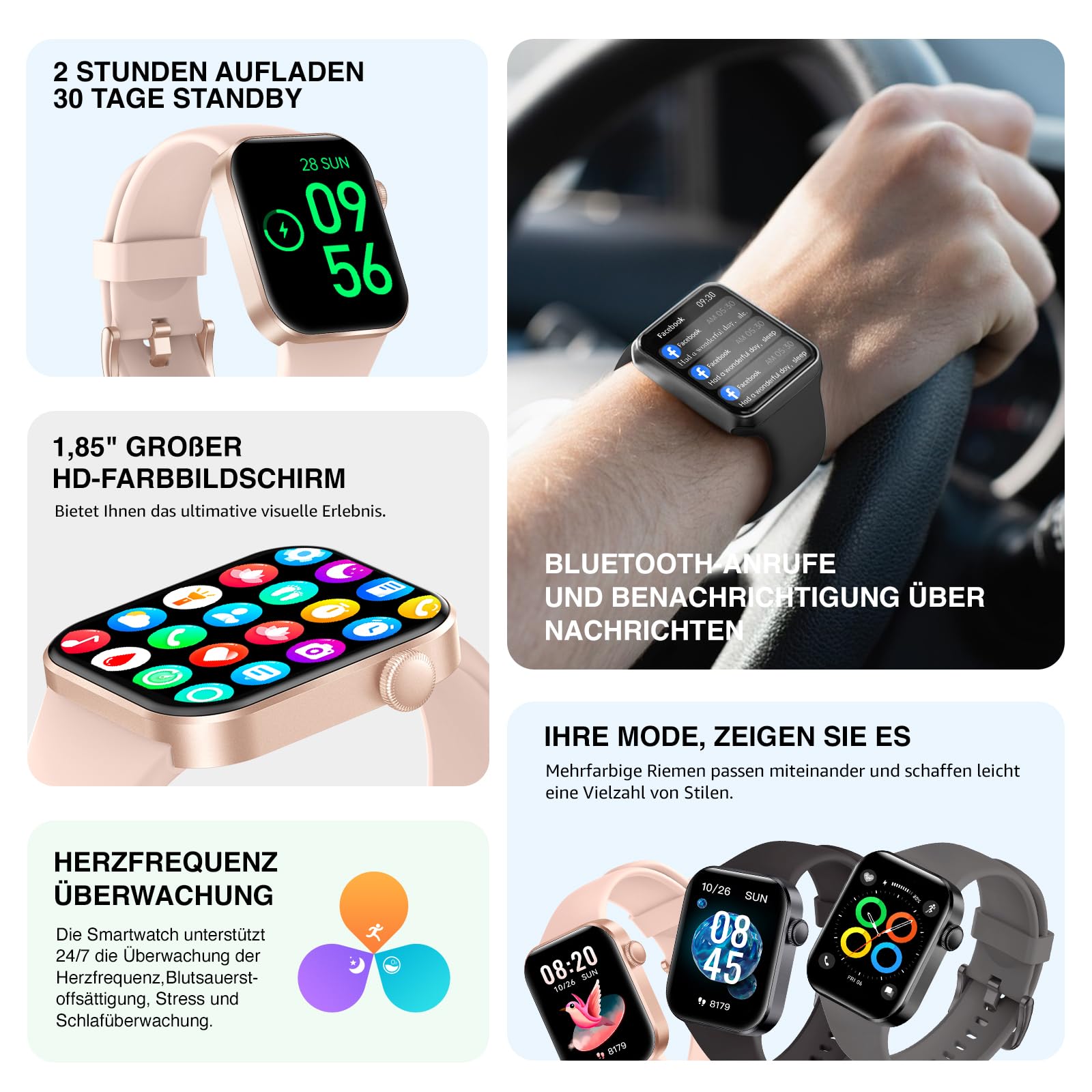 Montre Connectée Femme Homme avec Appels Bluetooth, 1.85" HD Smartwatch avec 140+ Modes Sportifs, Etanche IP68 Montre Connectee avec Podometre/Cardiofrequencemetre/Moniteur de Sommeil pour Android/iOS