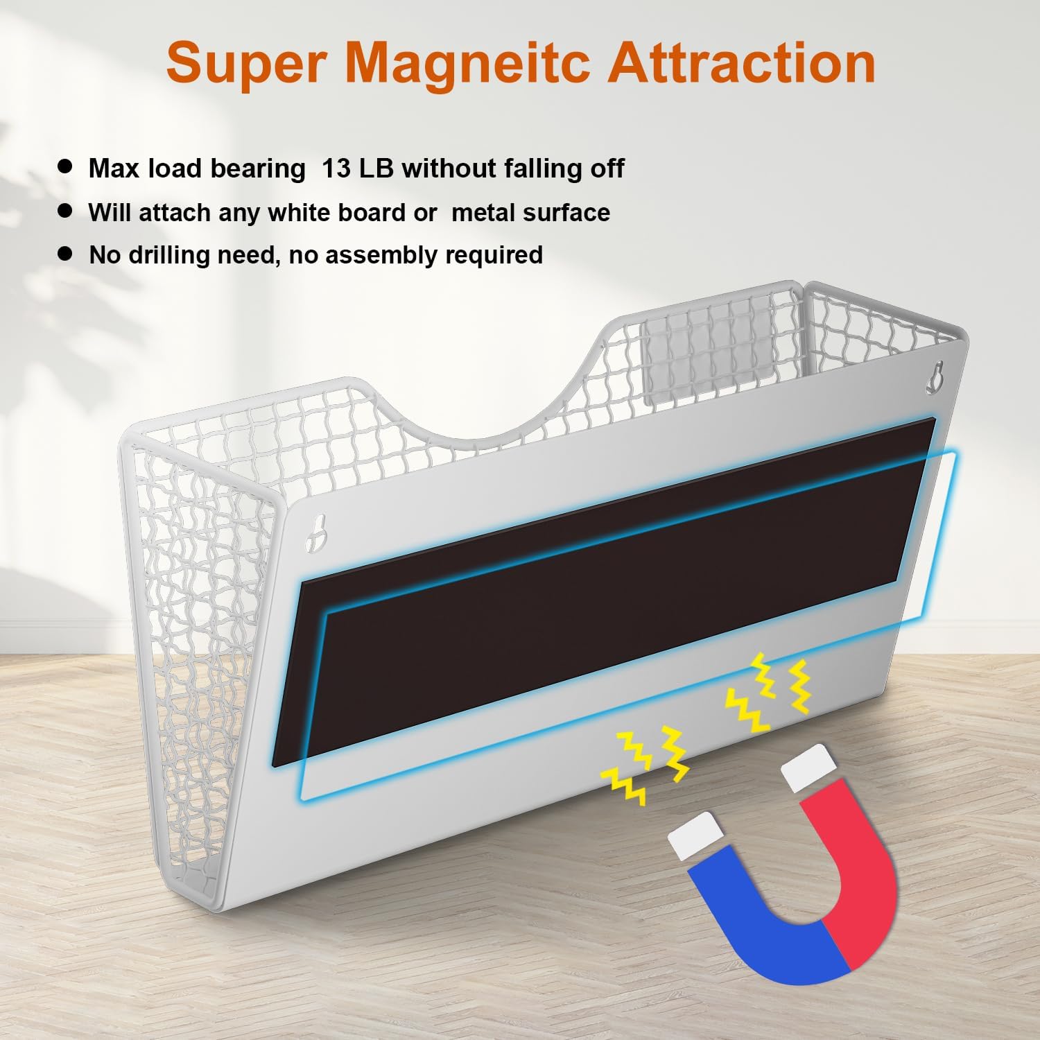 MFTEK Magnetic File Holder, 2 Pockets Wall File Folders Holder No Drilling Magnetic Paper Mail Organizer Magazine Basket, Hanging Storage Rack for Fridge Cabinets Office Classroom(White)