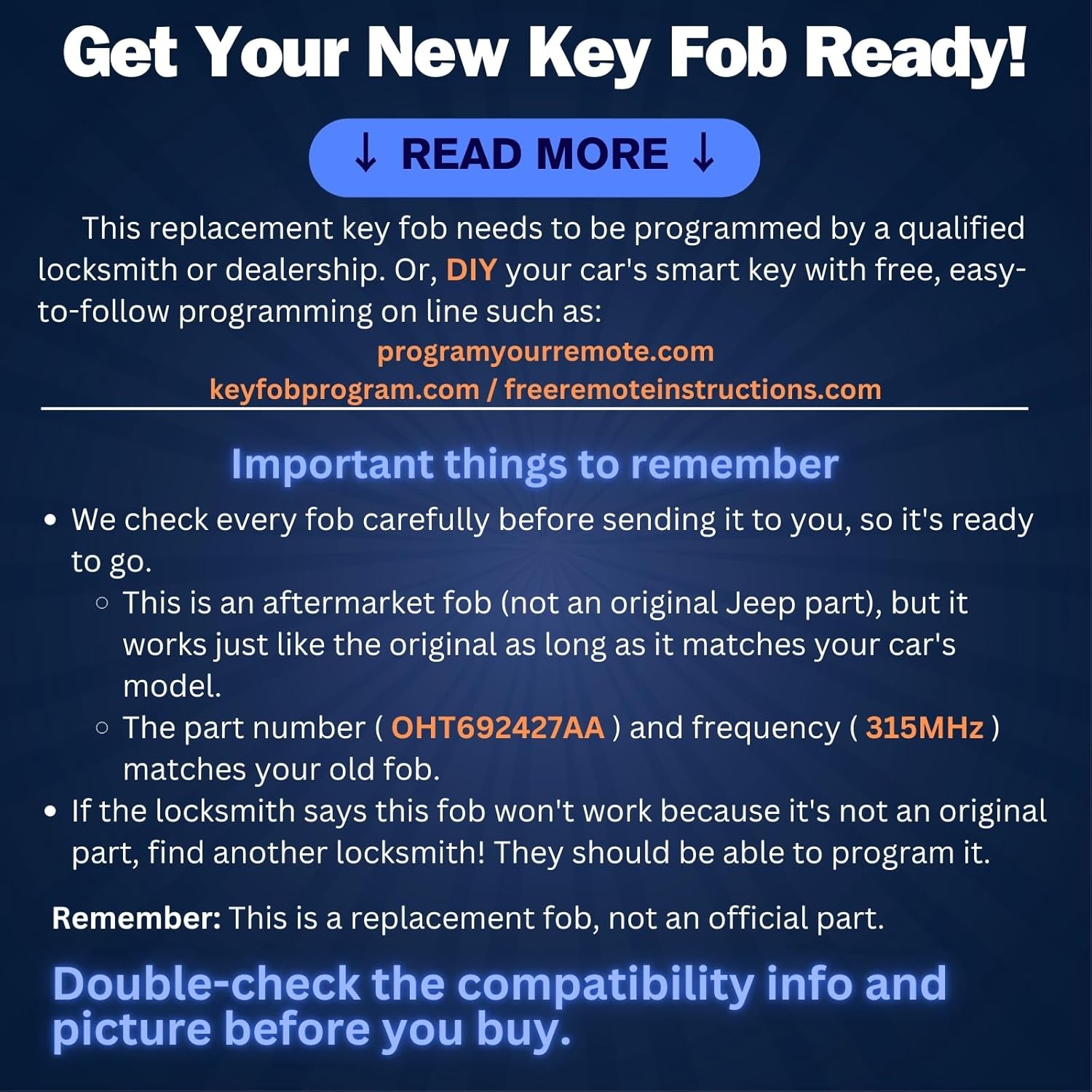 交換用キーレスエントリーリモートカーキーフォブ OHT692427AA 315MHz ダッジアベンジャー、充電器、口径、デュランゴ、