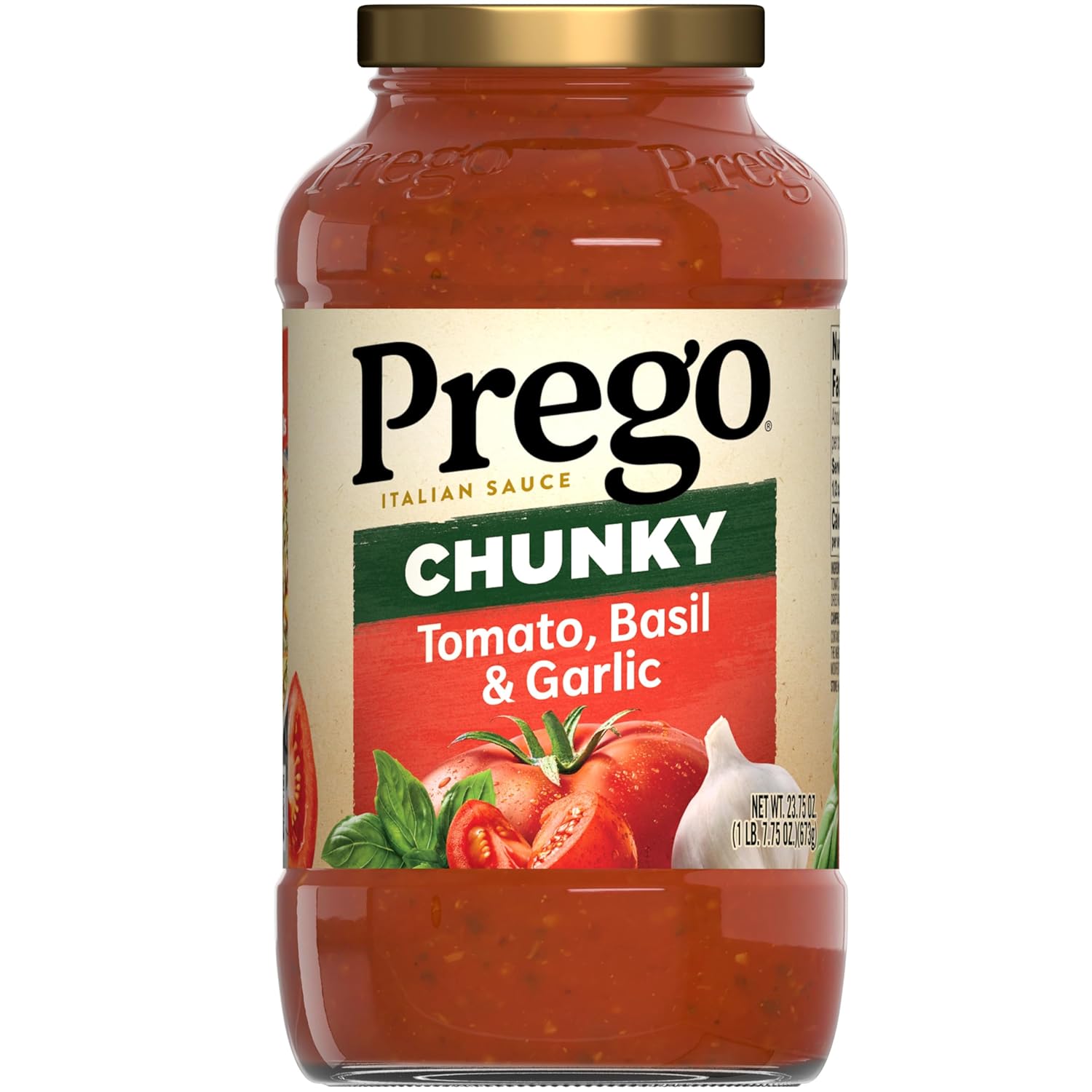 Prego Chunky Tomato Basil Garlic Pasta Sauce 23.75oz Jar - Vegan Gluten-Free Thick Italian Red Sauce