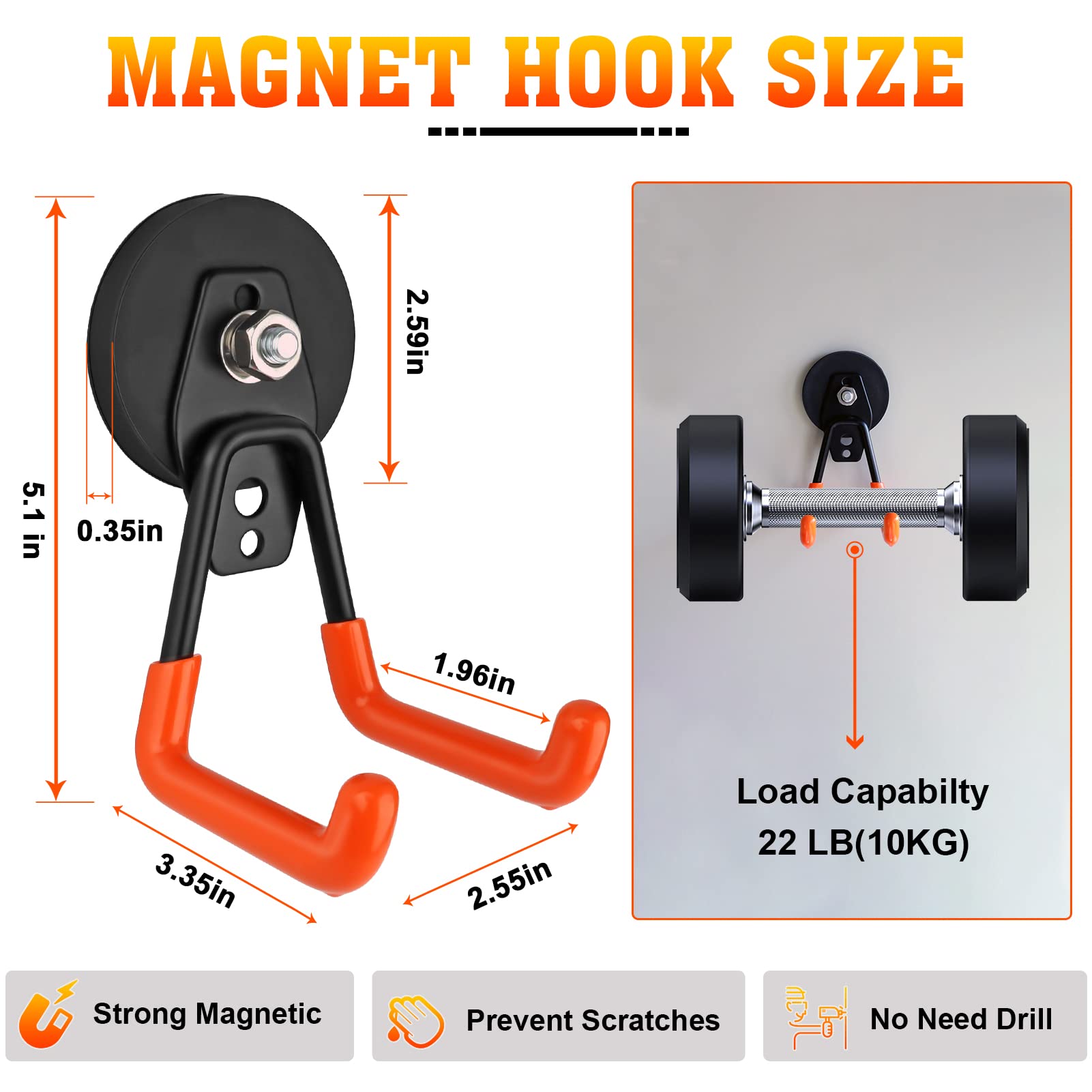 Large Magnetic Hooks Heavy Duty Magnetic Garage Hook,4 Pack Magnet Hooks with Anti-Slip Coating, Strong Storage Utility Magnetic Hook fo Metal Cabinet,Pegboard,Garage Shelve,Garden Tools(Orange,M)