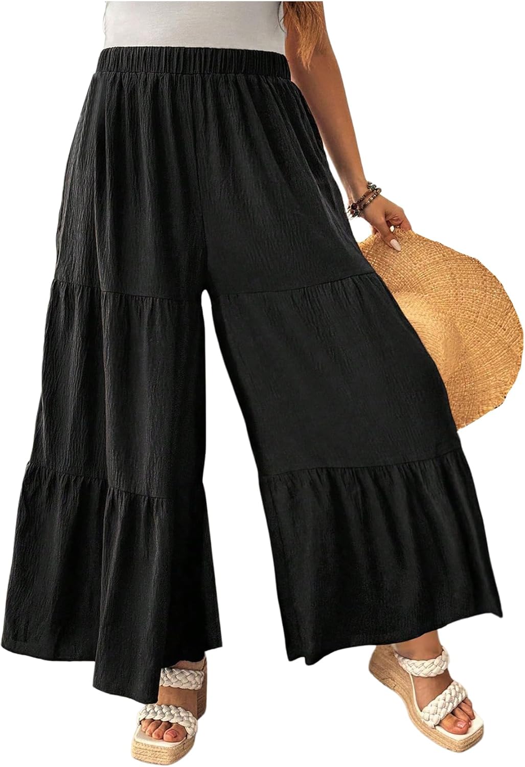 SOLY HUX Women's Plus Size Wide Leg Palazzo Pants Elastic Waist Baggy Ruffle Flowy Casual Trousers