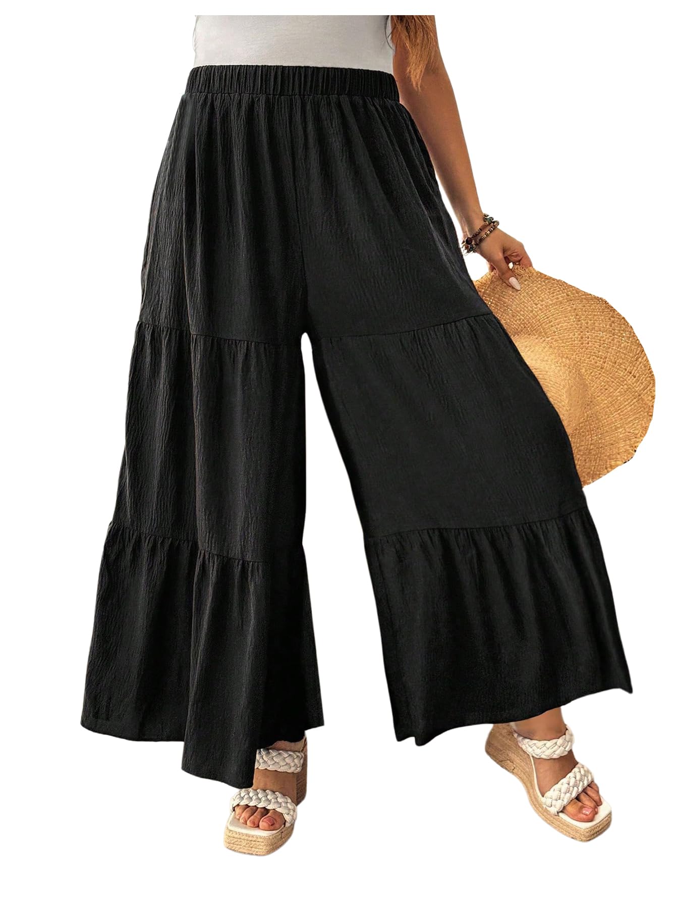 SOLY HUX Womens Plus Size Wide Leg Palazzo Pants Elastic Waist Baggy Ruffle Flowy Casual Trousers
