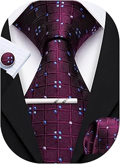 YOHOWA Men Plaid/Striped Ties Set Silk Business Wedding Formal Fashion Necktie and Pocket Square Cufflinks Set