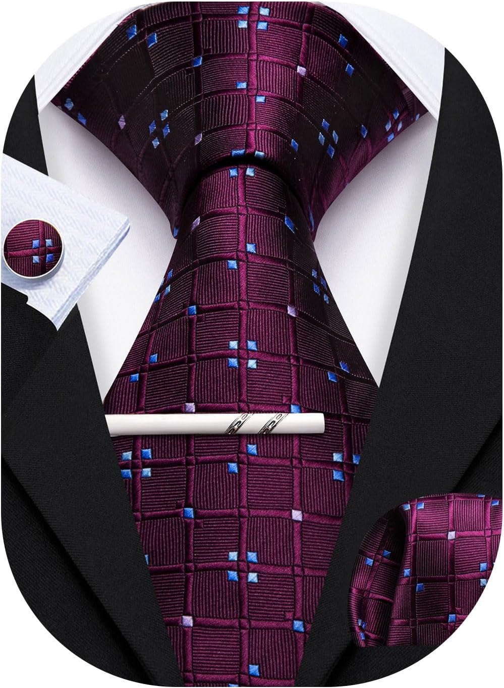 YOHOWA Men Plaid/Striped Ties Set Silk Business Wedding Formal Fashion Necktie and Pocket Square Cufflinks Set