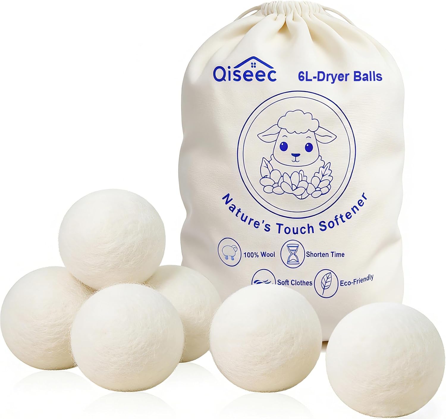 Wool Dryer Balls 6-Pack L - Natural Reusable Laundry Fabric Softener, Reduces Wrinkles & Drying Time, Hypoallergenic, Leaves Fabrics Naturally Soft and Fluffy