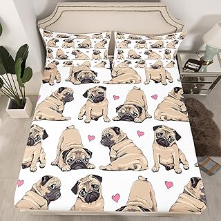 Cute Pug Dog Bed Sheet Set Cartoon Animal Fitted Sheet for Kids Children Teens Kawaii Pet Dog Bedding Set Hippie Pug Puppy Bed Cover No Flat Sheet Dog Lovers Bedroom Decor 2Pcs Twin Size