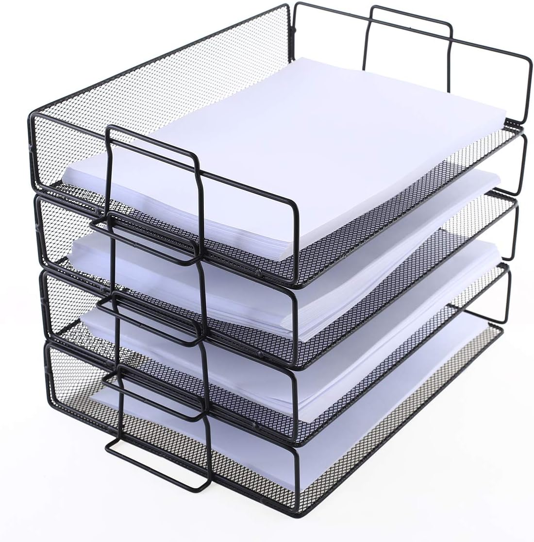 4 Tier Stackable Paper Tray - Metal Mesh Office File Organizer for Desk Printer Letter Teacher Paper Black Color by DeElf
