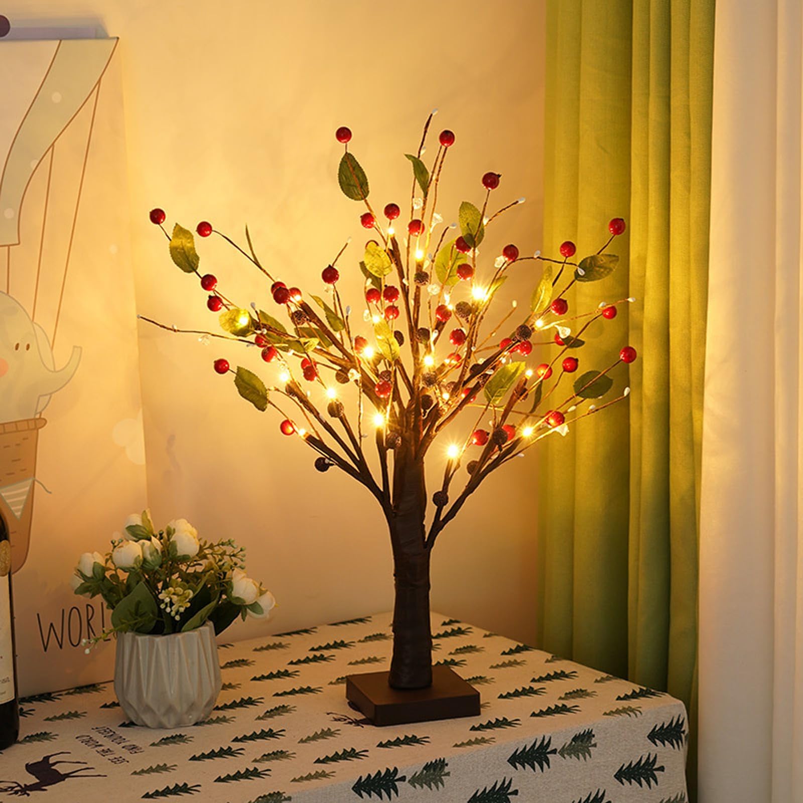 Red Berry Blossom Tree,21 Inch Berry Blossom Tree Table Decoration Lights with 24 LED Beads, Battery Operated, Twinkle Decoration Lamp for Thanksgiving Christmas Holiday Décor (Red)