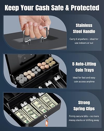 Miniatura 6 de Uniclife Caja de efectivo con bandeja de dinero y cerradura, caja de dinero grande para caja registradora, caja de seguridad de metal con llave,
