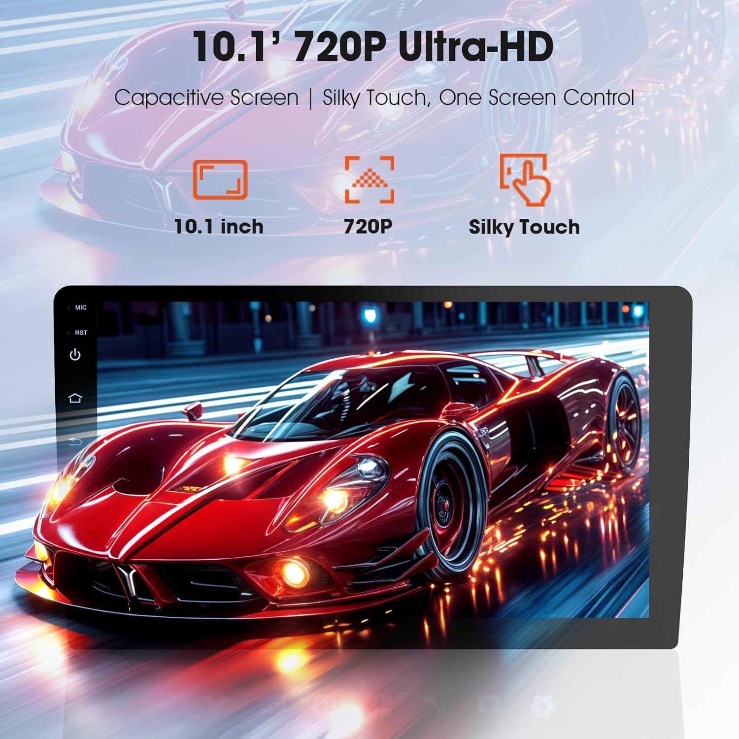 Haudio 10.1 inch car stereo display showing 720P Ultra-HD capacitive screen features