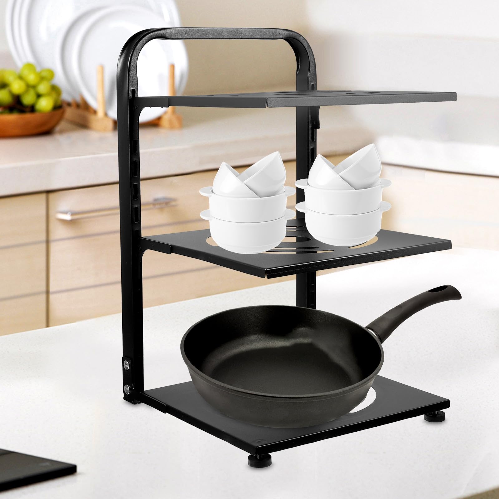 Estante Organizador de Ollas y Sartenes de 3 Niveles Ajustable en Acero al Carbono Negro, Soporte para Botellas y Especias, Adecuado para Armarios y Encimeras de Cocina