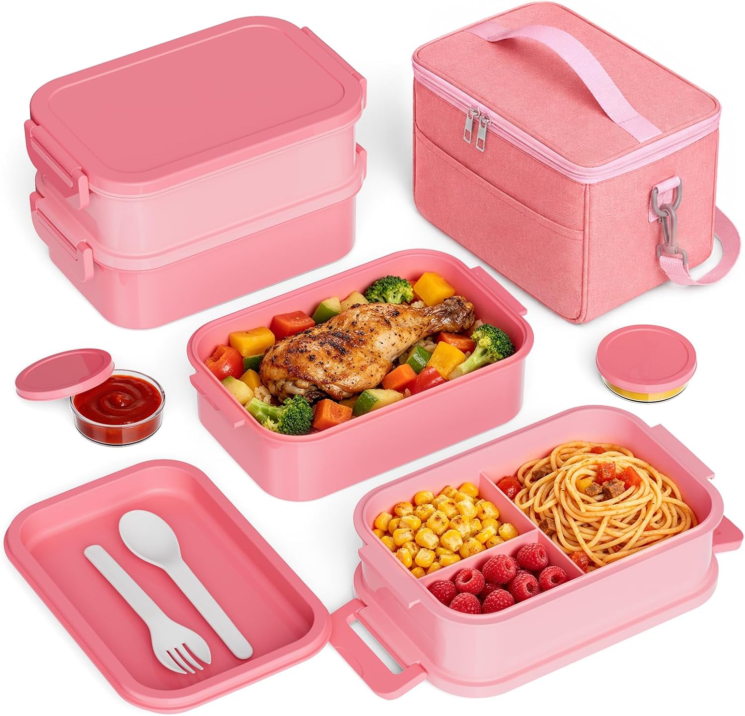 Jelife Bento Box Adult Lunch Box with Lunch Bags for Girls Women, Pink
