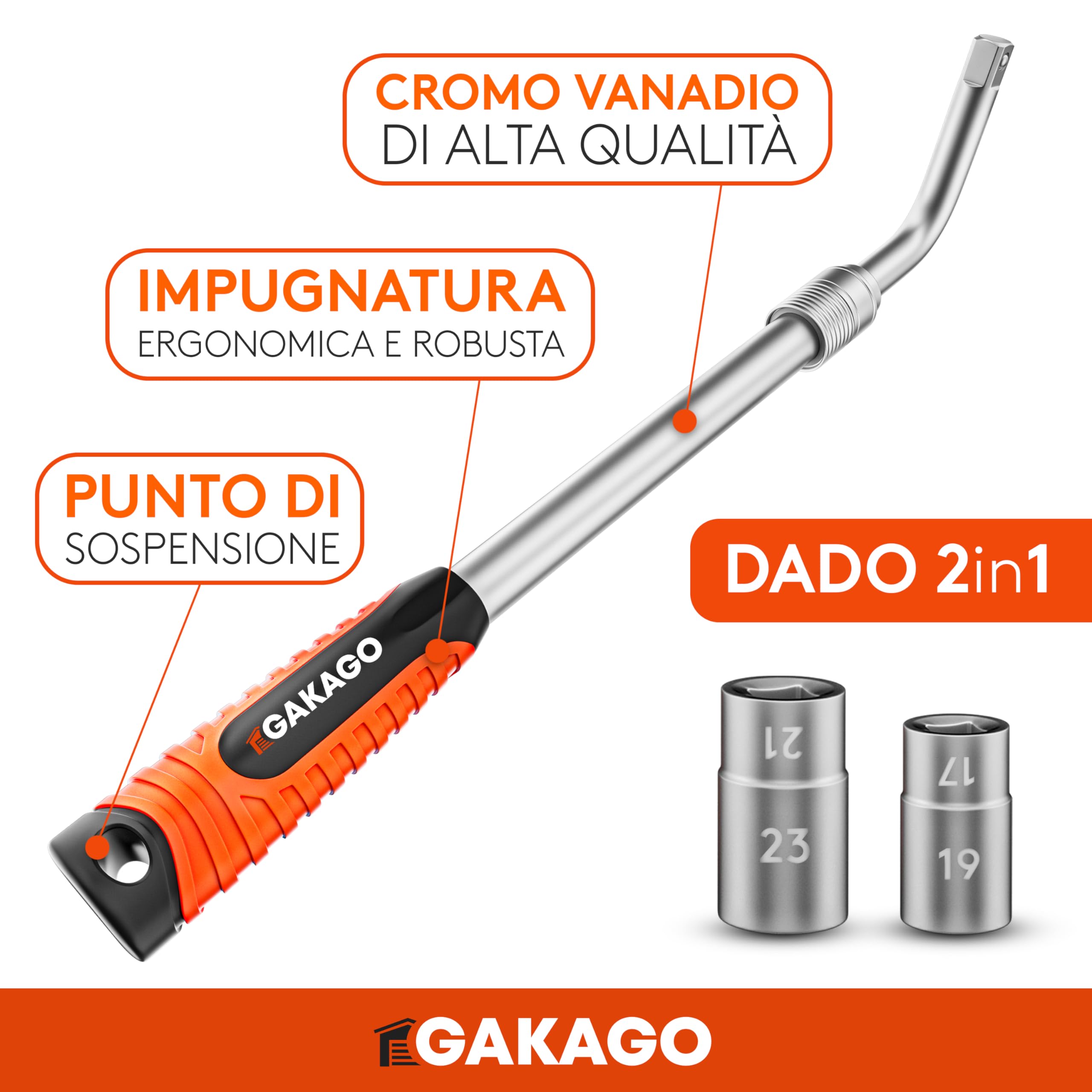 Gakago Set di chiavi telescopiche per dadi ruota con bussola da 17/19 mm e 21/23 mm da 1/2 pollice - Chiave ruota allungabile extra lunga - Pratica borsa per riporla