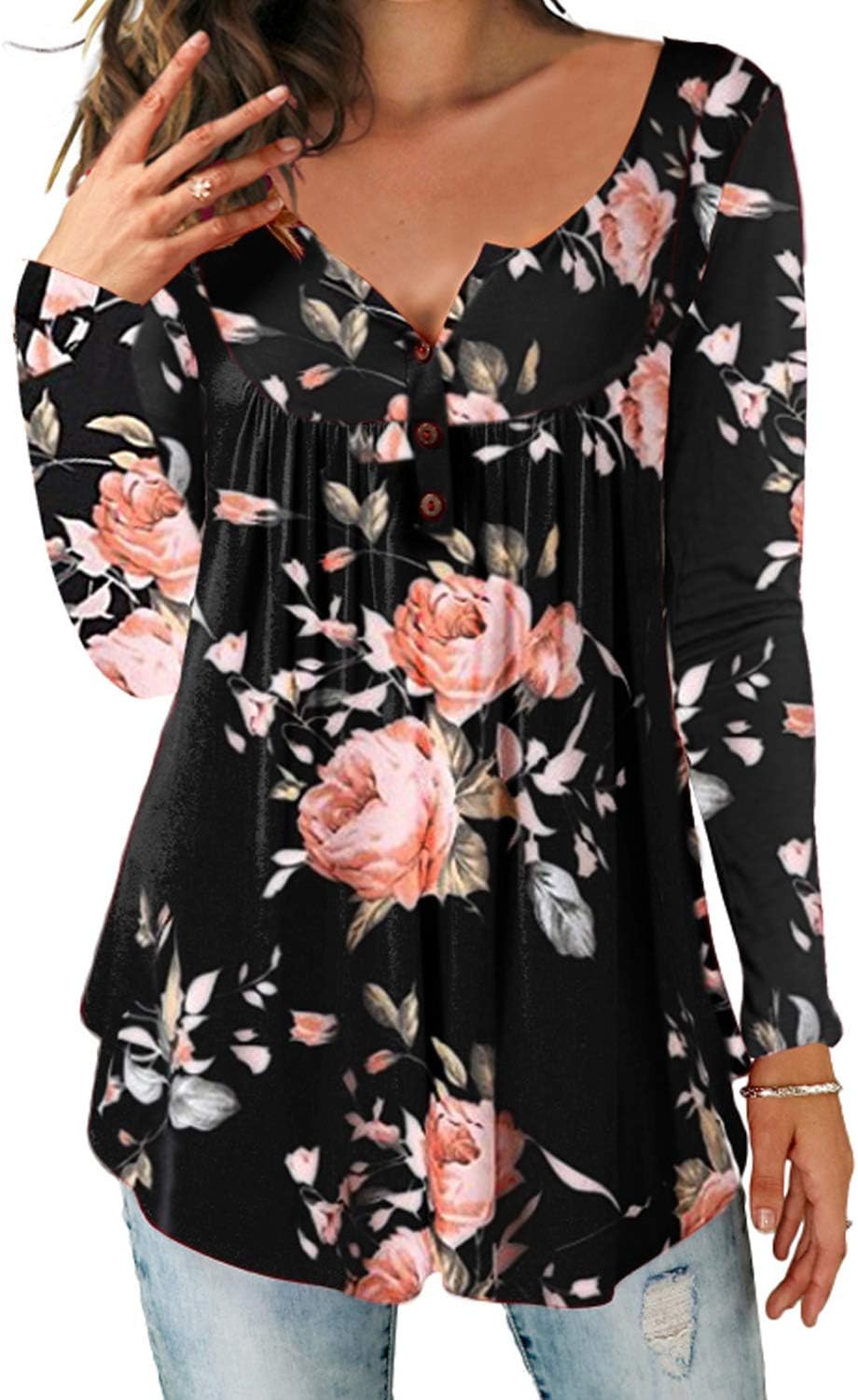 Women's Tunic Top Loose Long Sleeve V Neck Button Up Pleated Floral Henley Shirts Blouse T Shirt