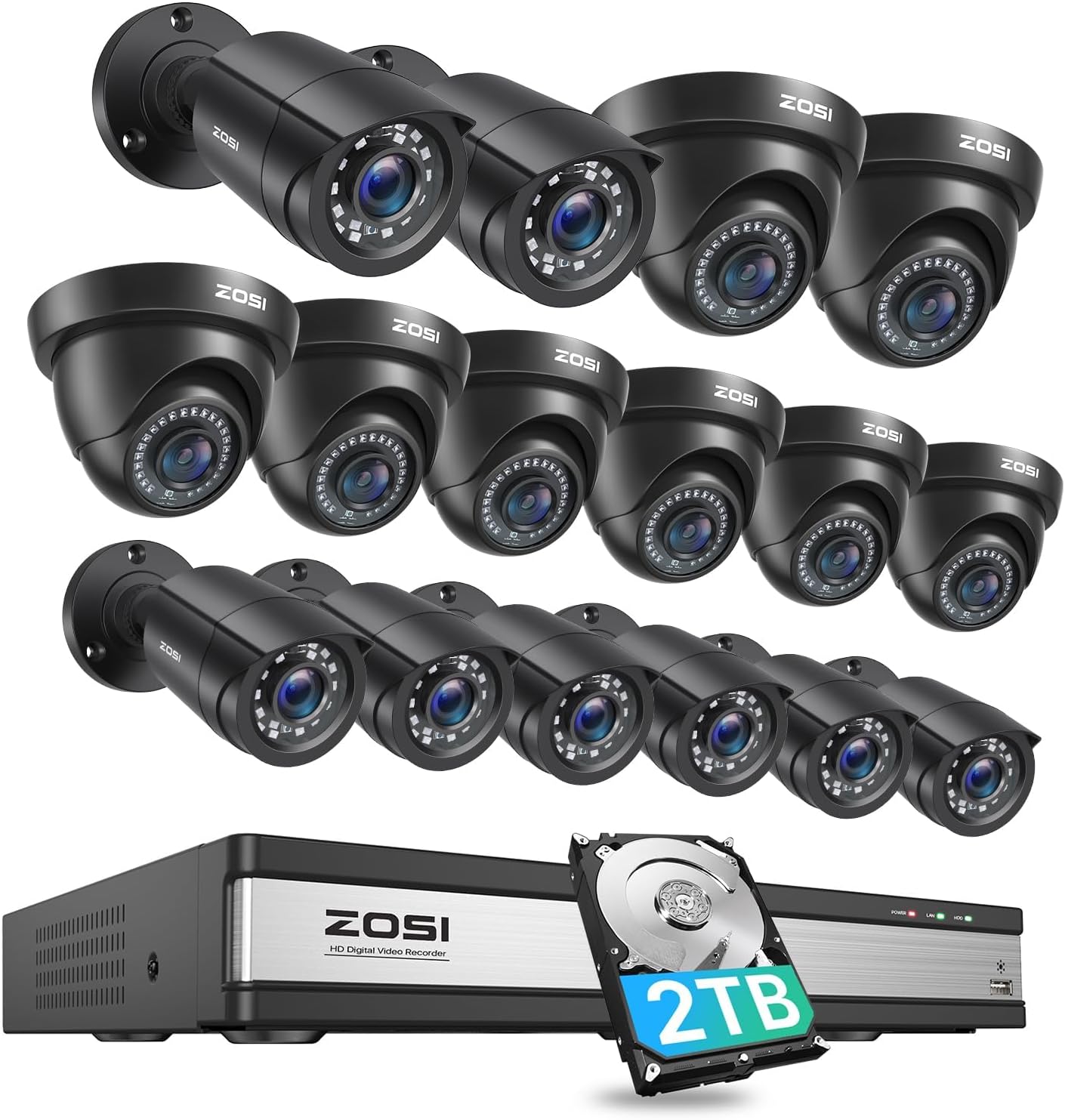 ZOSI 1080p 16 Channel Security Camera System, H.265+ 16CH DVR, 16 x 2MP Weatherproof Surveillance CCTV Bullet Dome Camera Outdoor, AI Human Vehicle Detect, 80ft Night Vision, 90° View Angle, 2TB HDD