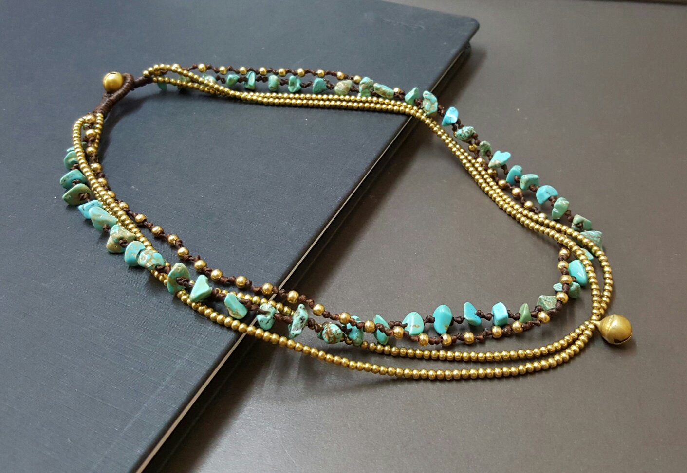 Handmade Charm Necklace Chip Turquoise Brass Chain Necklace