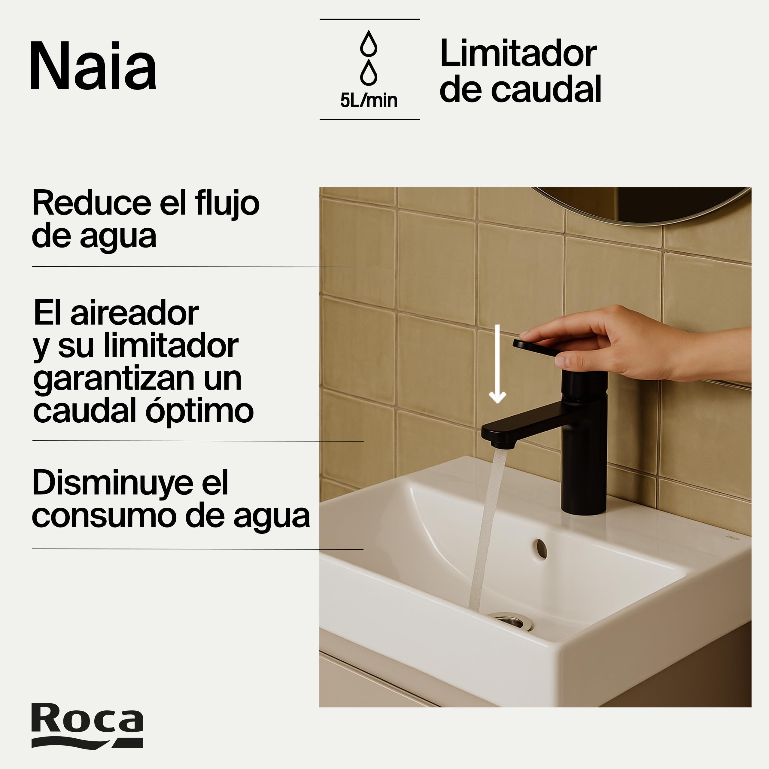 Roca Naia Grifería para lavabo con tecnología Cold Start, grifo monomando de repisa con enlaces de alimentación flexibles, mezclador de cuarto de baño de fácil instalación, negro titanio, A5A3A96CN0