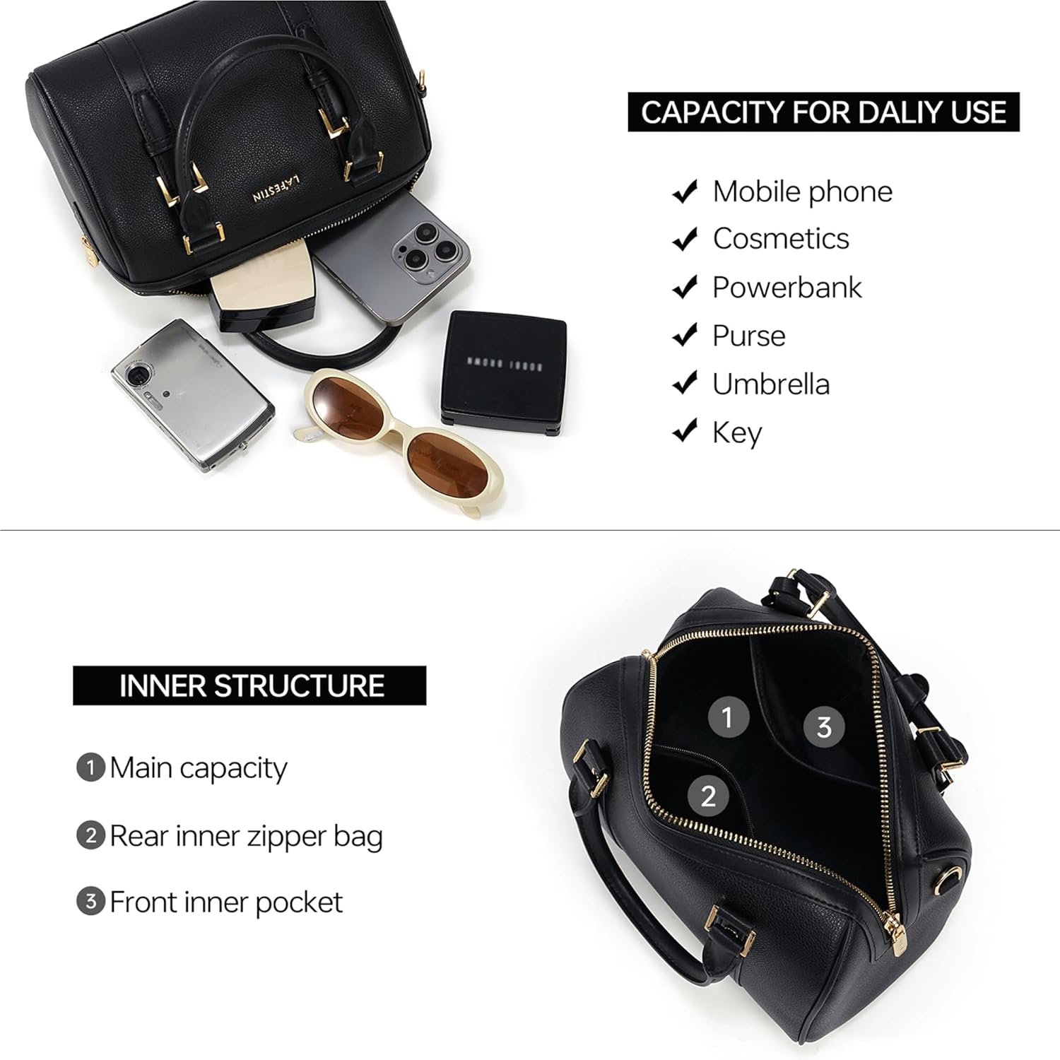 LA FESTIN Top Handle Purse Stylish Handbag Crossbody Satchel Barrel Bag with Adjustable Strap for Daily Travel - Image 4