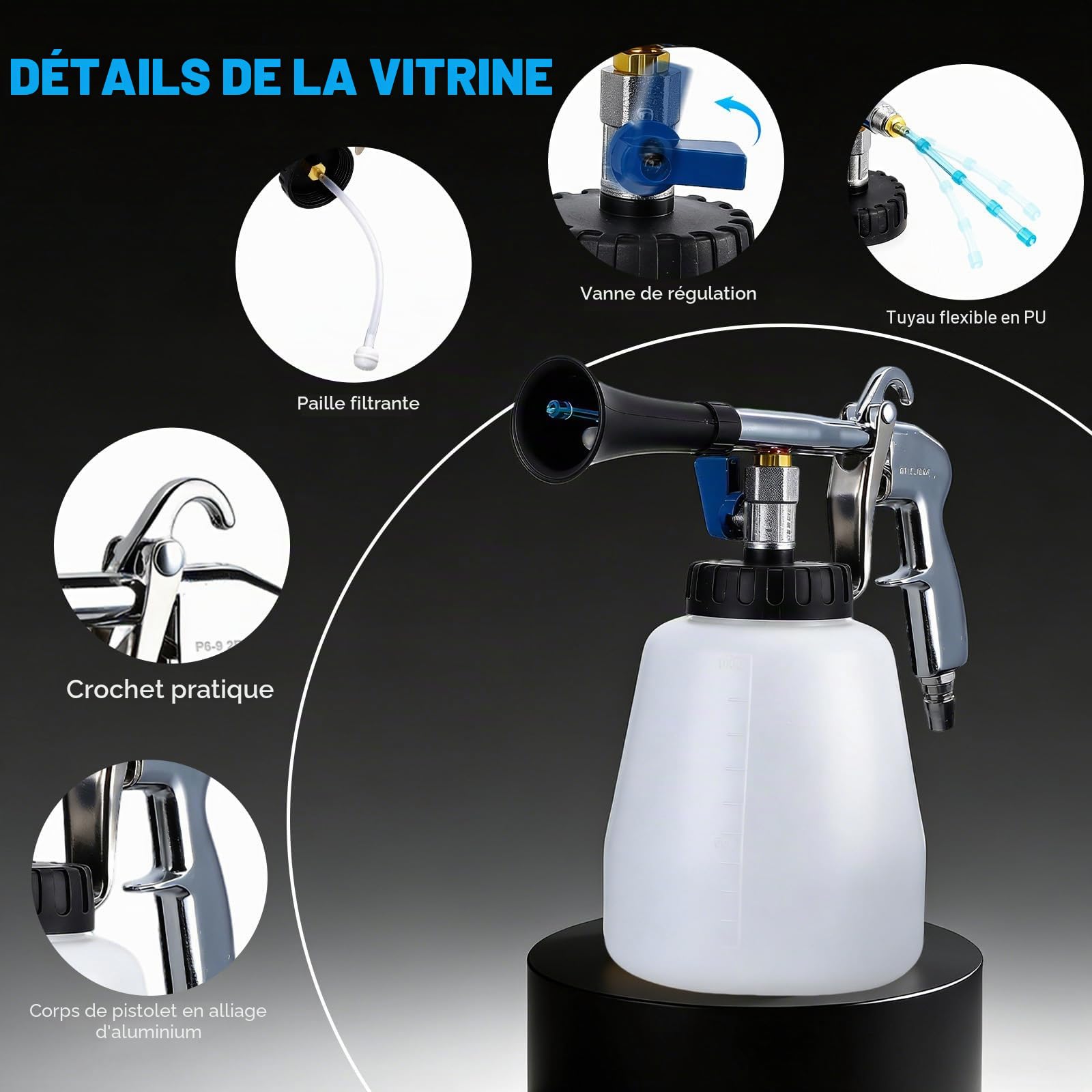 Pistolet de nettoyage à air comprimé avec effet tornade - Pistolet de nettoyage haute pression pour voiture, atelier et maison - Kit tout-en-un avec réservoir d'eau de 1 l, 2 buses et accessoires