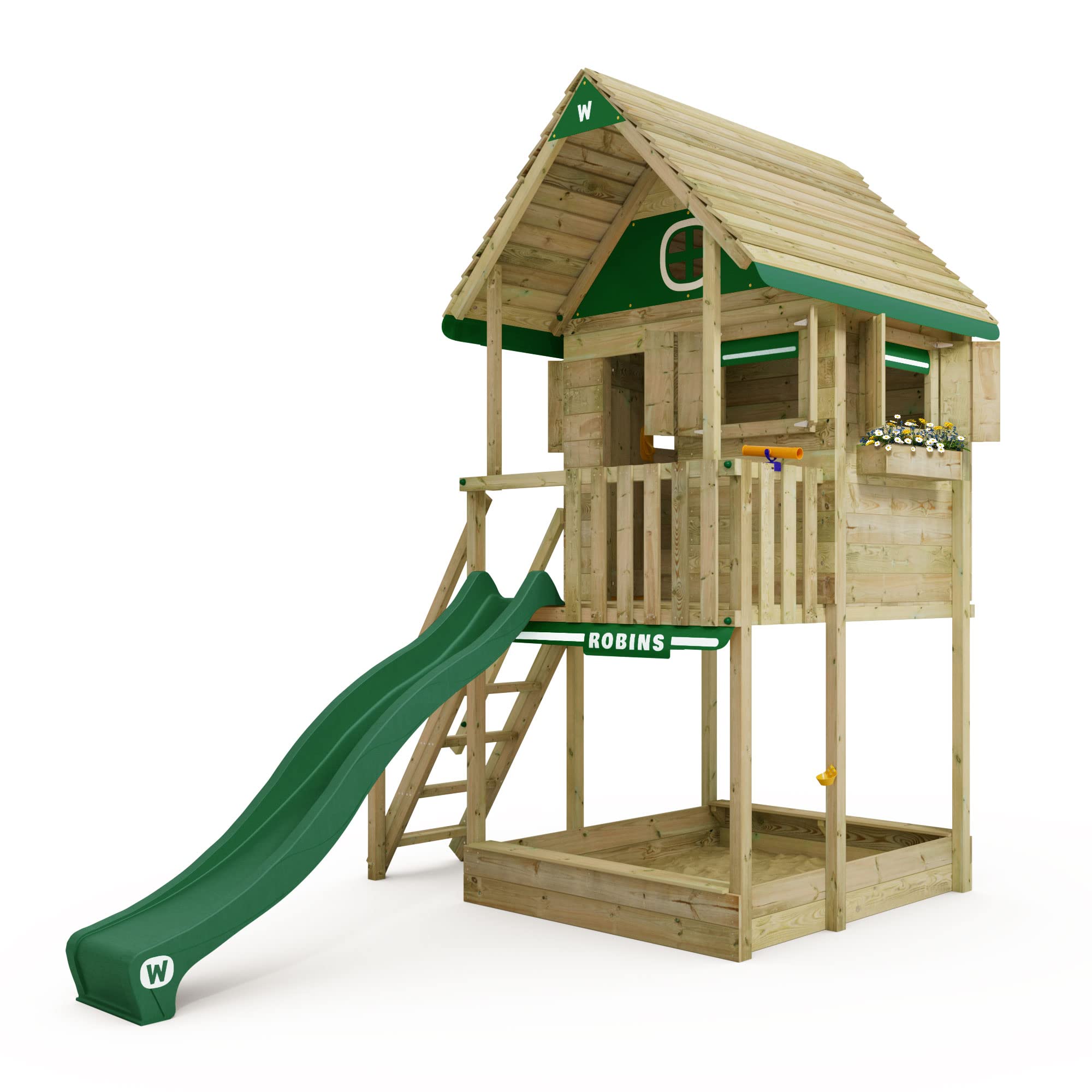 Wickey Stilt House Smart Clubhouse with Green Slide, Climbing Tower, Playhouse, Play Tower, Tree House with Sandpit, Climbing Ladder & Play Accessories
