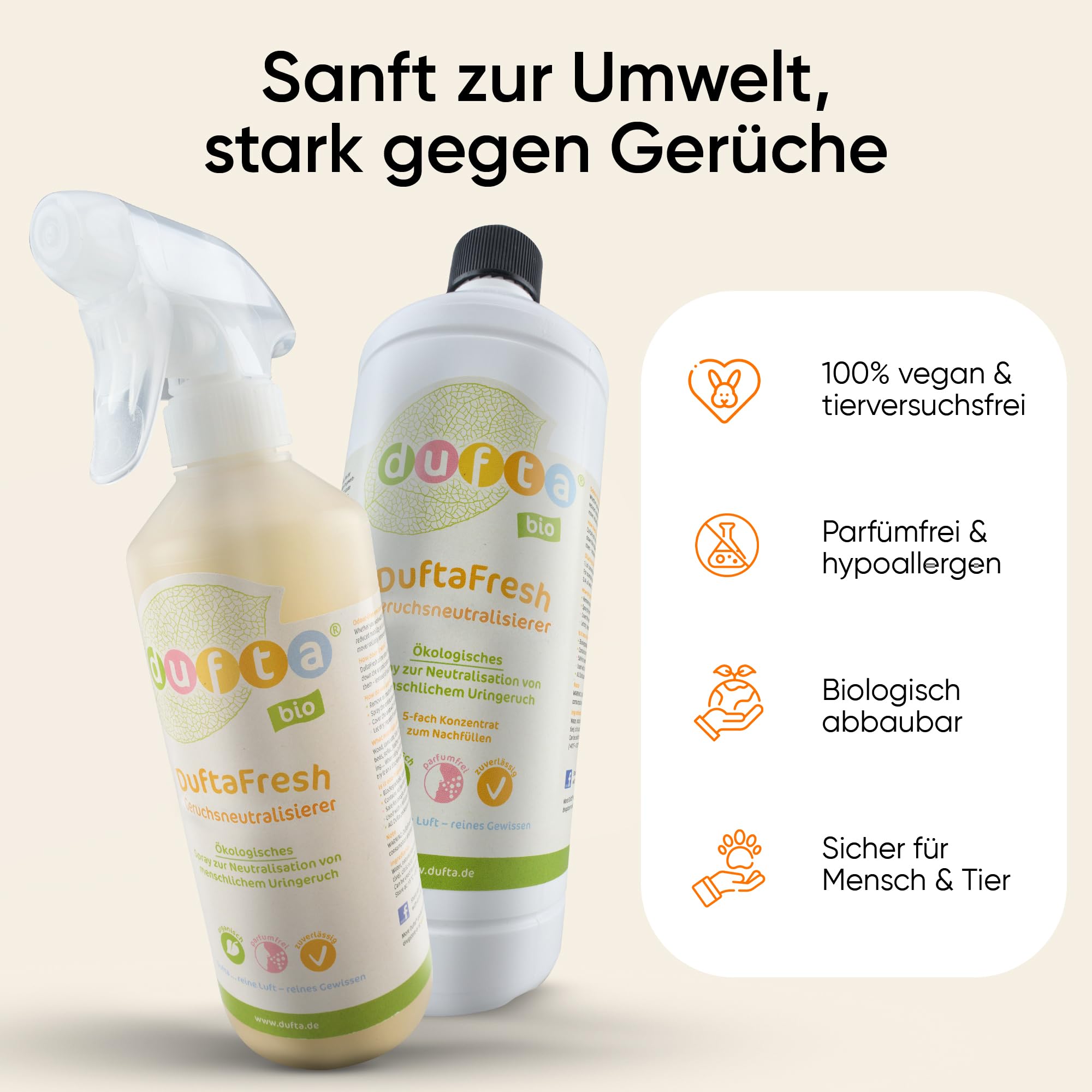 DuftaFresh Geruchsneutralisierer Set mit 500 ml Spray & 1L Konzentrat | Ideal als textilerfrischer, enzymreiniger und geruchsneutralisierer für räume gegen Urin-, Rauch- und Schweißgerüche.