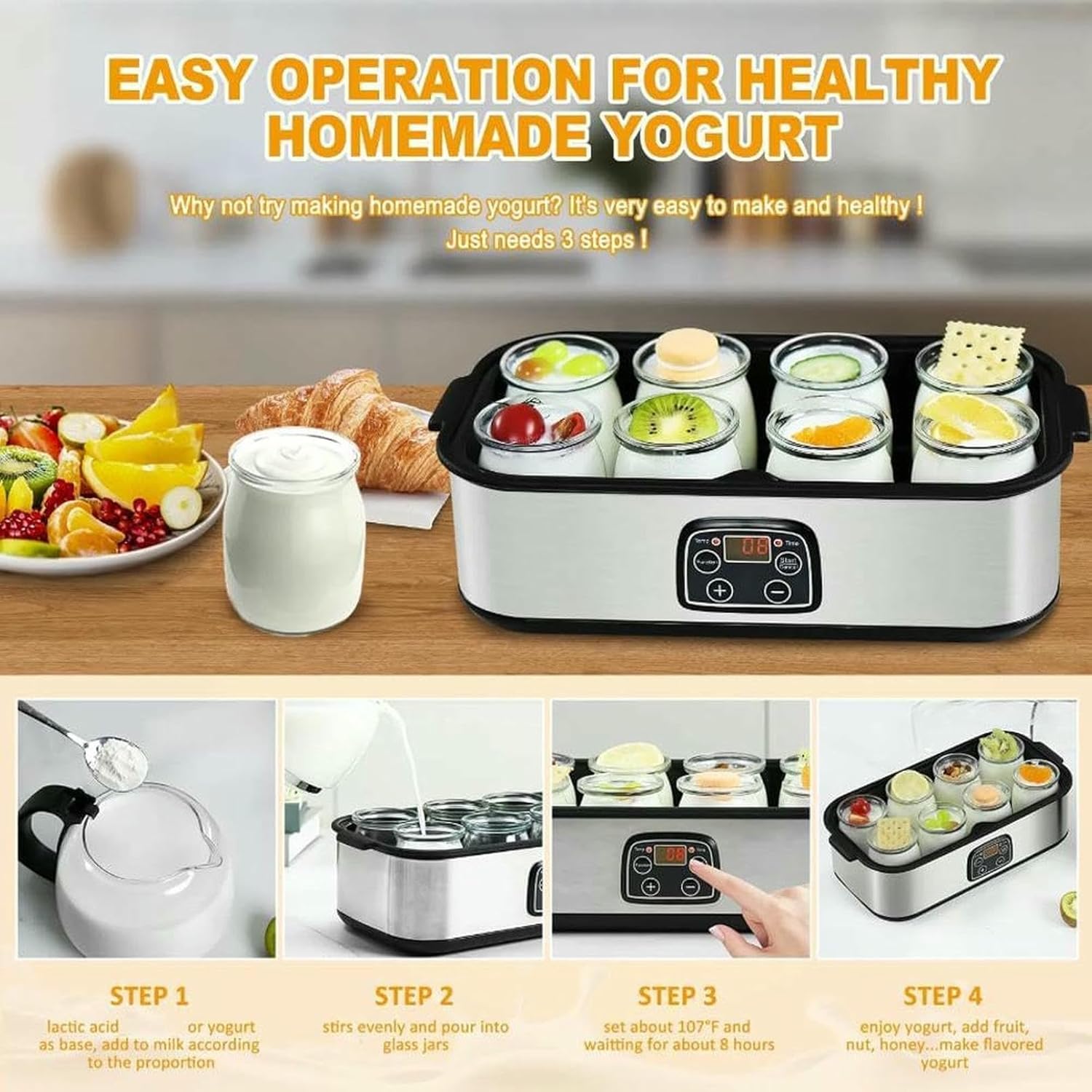 Probiotic Yogurt Maker, Probiotic Yogurt Maker with Adjustable Temperature & Time Control, Yogurt Jar with 8 Lids, Yogurt Machine Suitable for Foodies