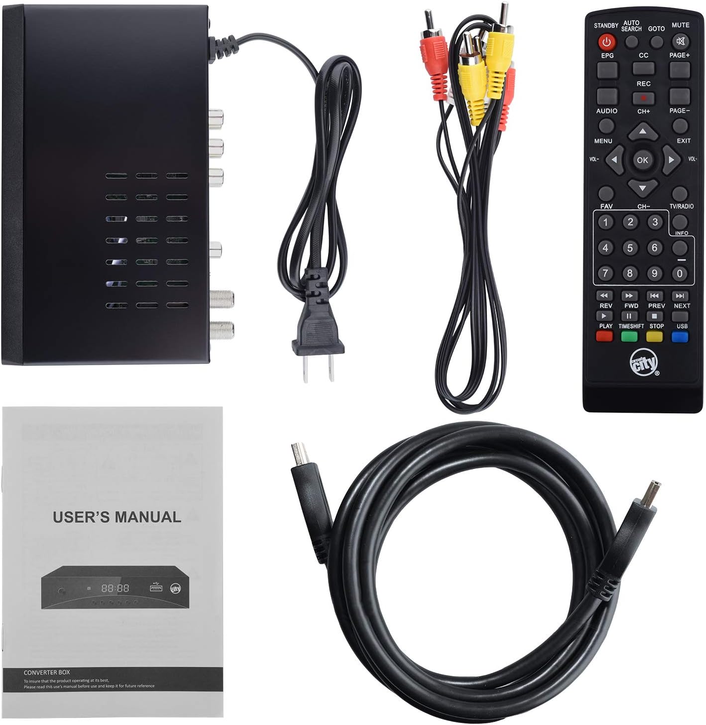 Circuit City DCB-1 ATSC HD Digital TV Converter Box with HDMI Cable Remote Control HDTV PVR TV Recording Full HD 1080p LED Time Display 2019 Model